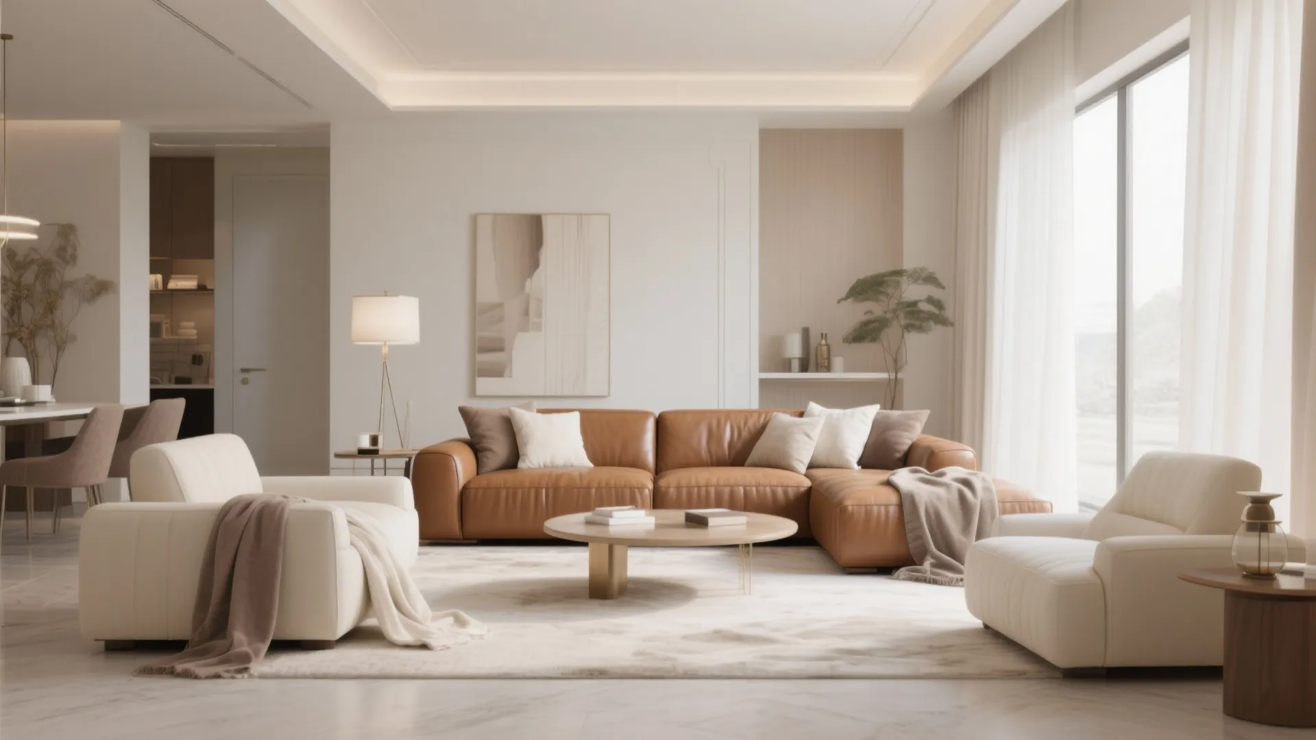 Brown leather sofa paired with two white armchairs wooden coffee table and rug in bright room