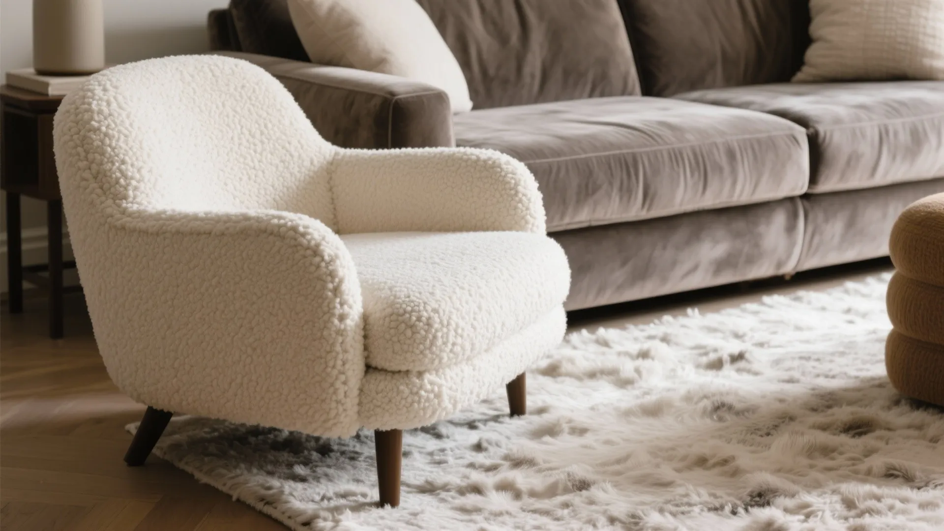 White fuzzy textured chair on fluffy rug next to a brown sofa in bright room