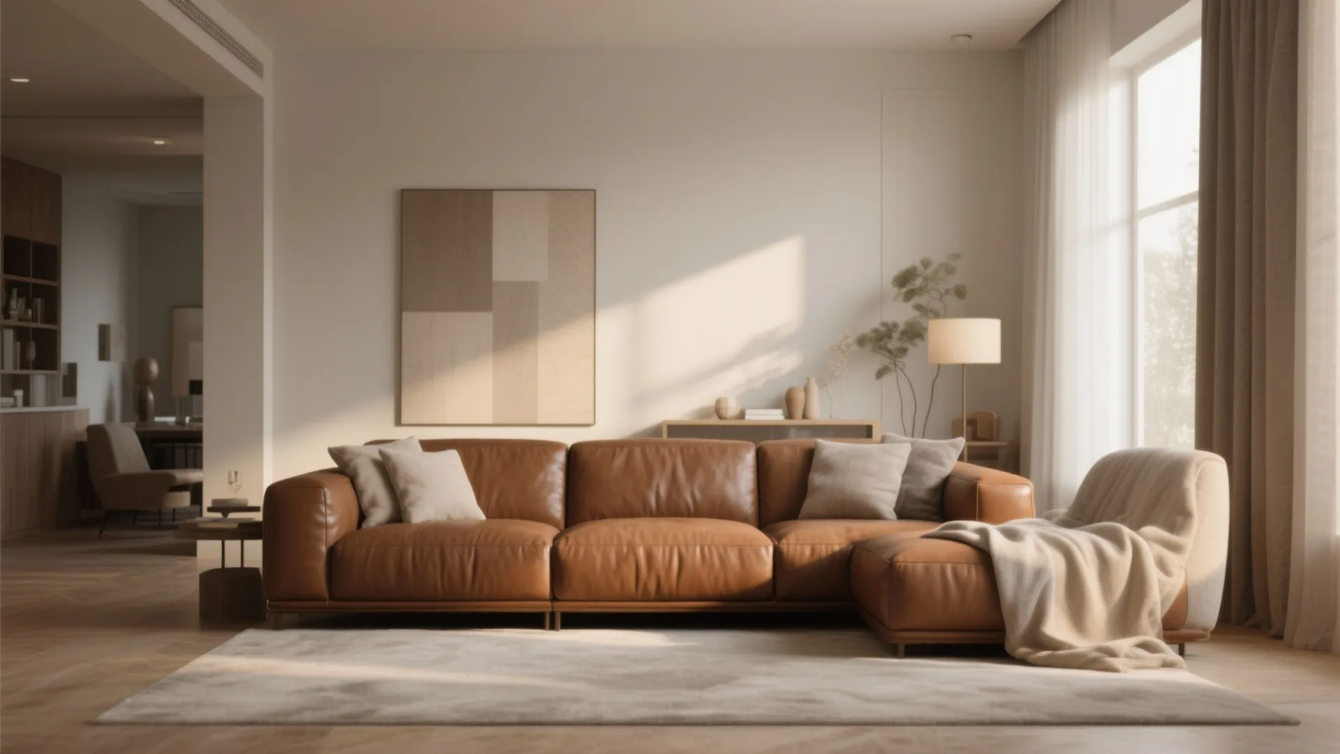 Layered neutral tones with a brown leather couch as the focal point