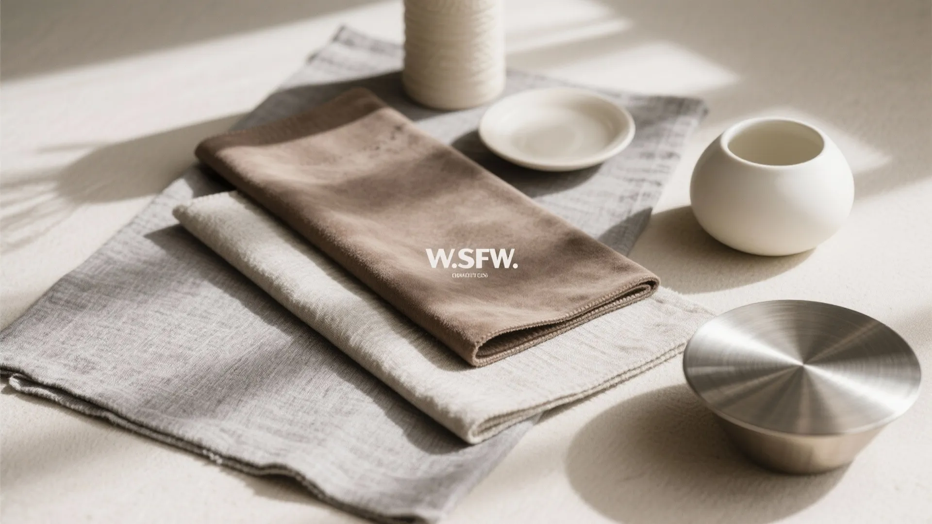 Flatlay showing layered neutral fabric and material swatches