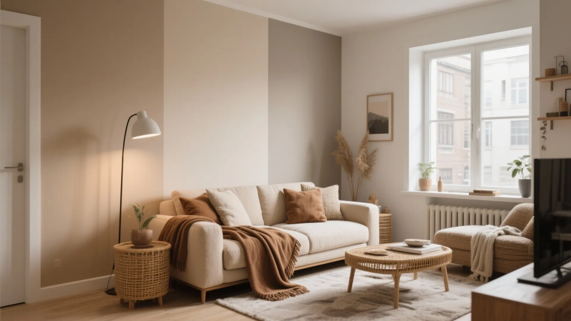 Small living room with layered beige tones and soft brown accents