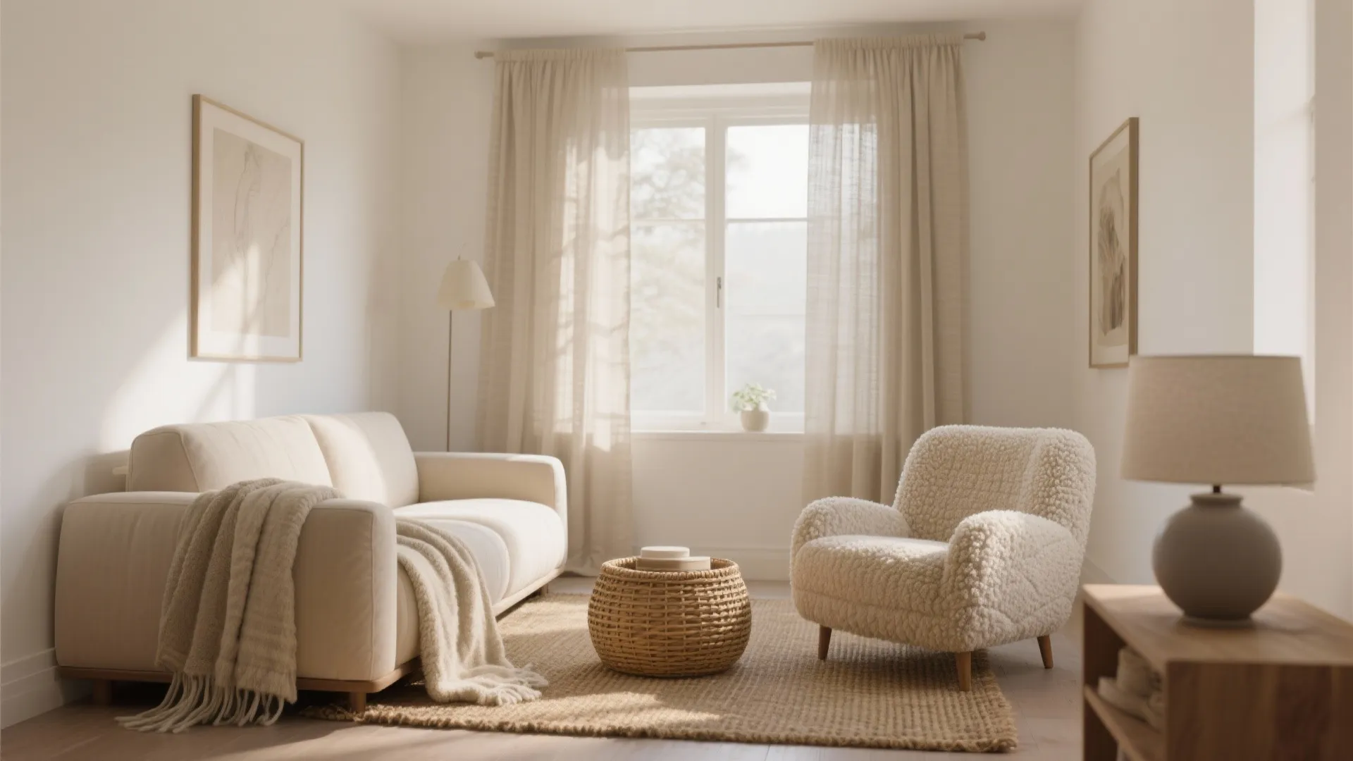 Bright minimal living room featuring cream sofa fluffy armchair round woven table and light beige curtains
