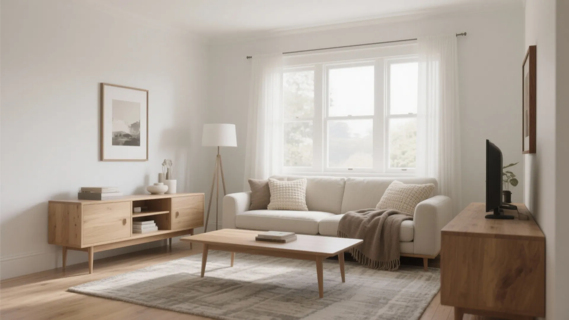 Minimalist living room featuring beige sofa wooden cabinets floor lamp large window with soft curtains