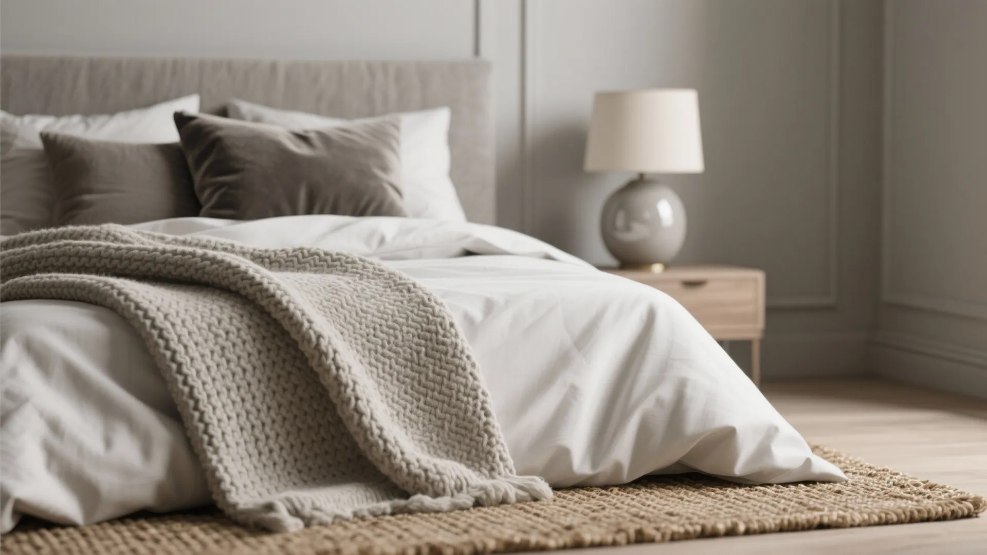 Cozy bed with white sheets, textured beige throw blanket, brown pillows, and round table lamp
