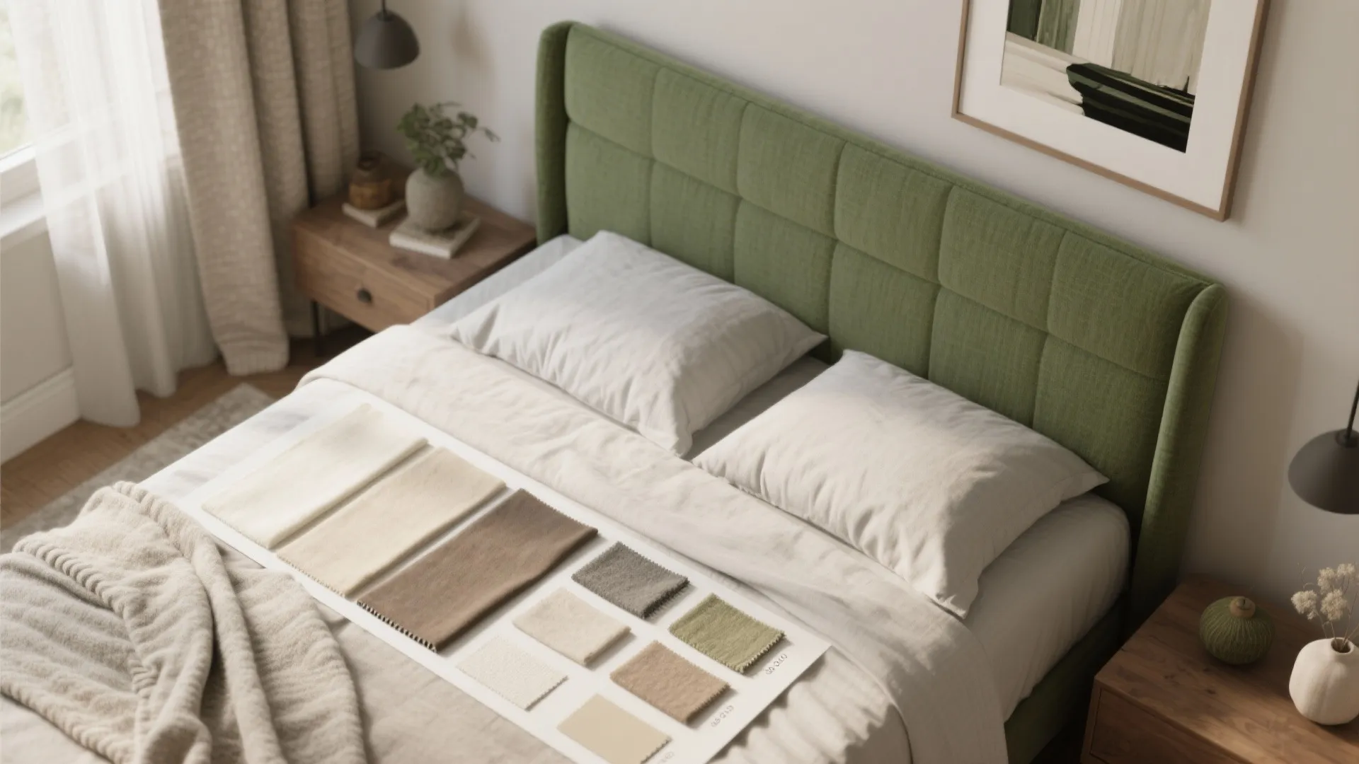 Top-down moodboard showing layered neutrals with green accents, fabric swatches and accessory layout for a flexible palette.