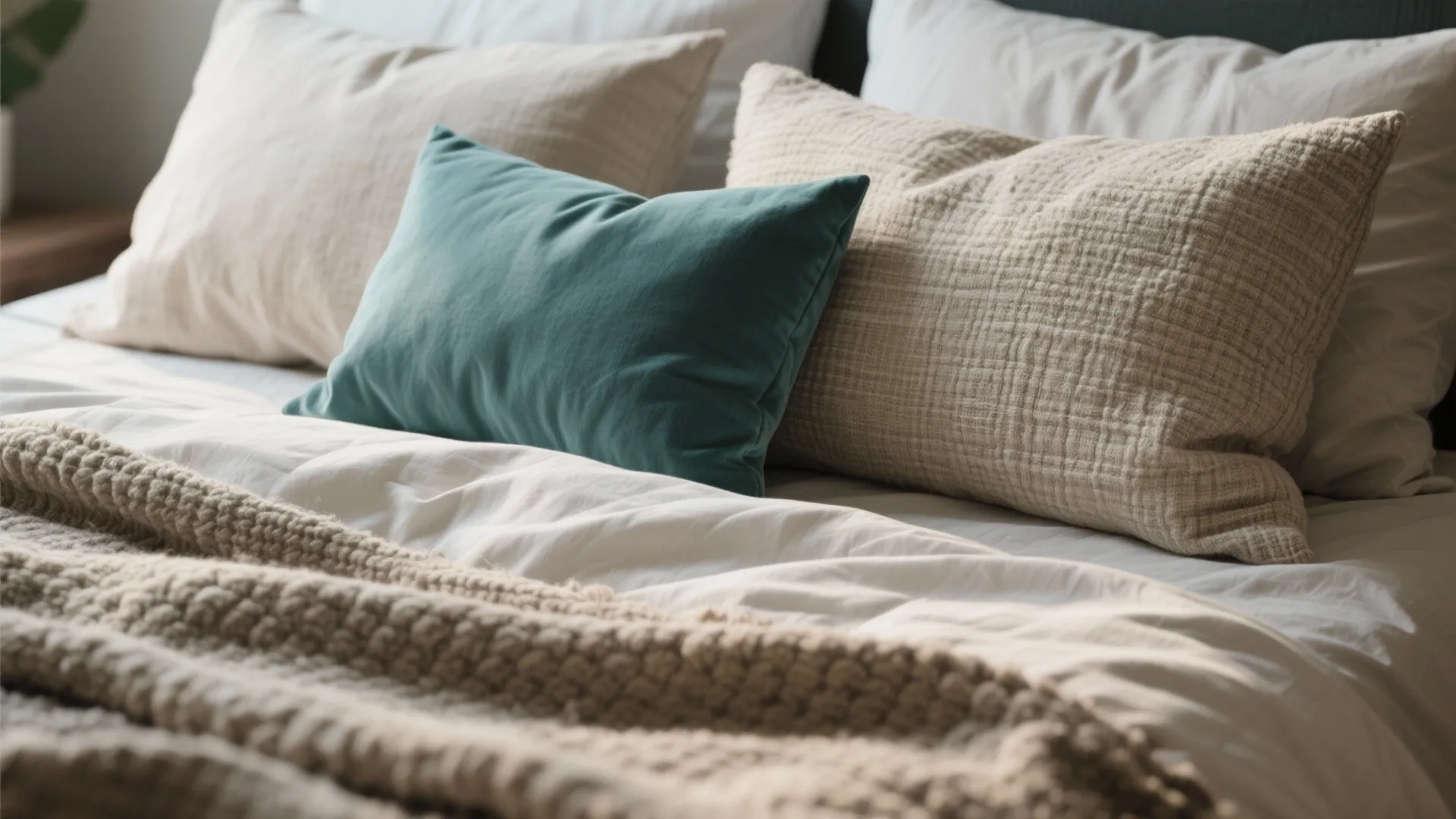 Close up of a bed with beige textured pillows a teal cushion and knitted brown blanket