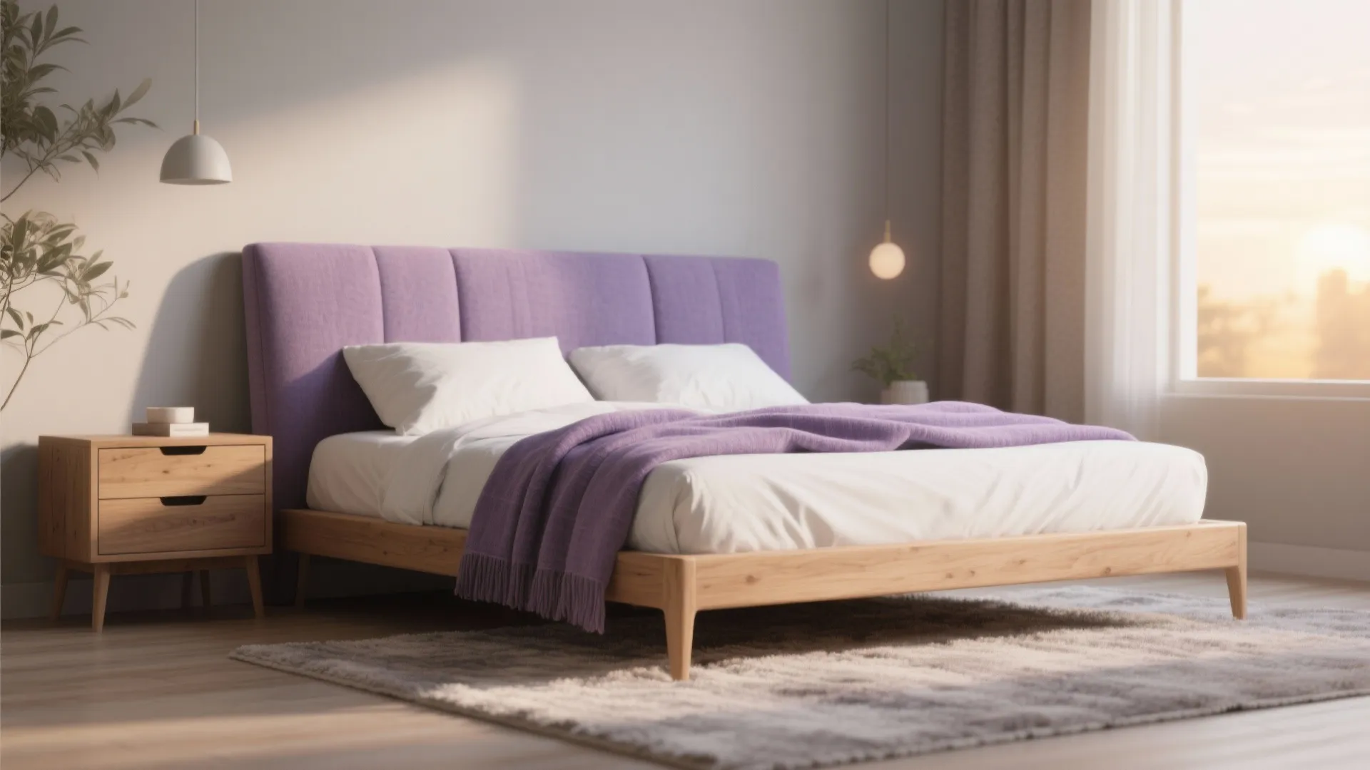 Minimalist bedroom with purple headboard, wood bed frame, bedside cabinet, soft rug, and warm sunlight