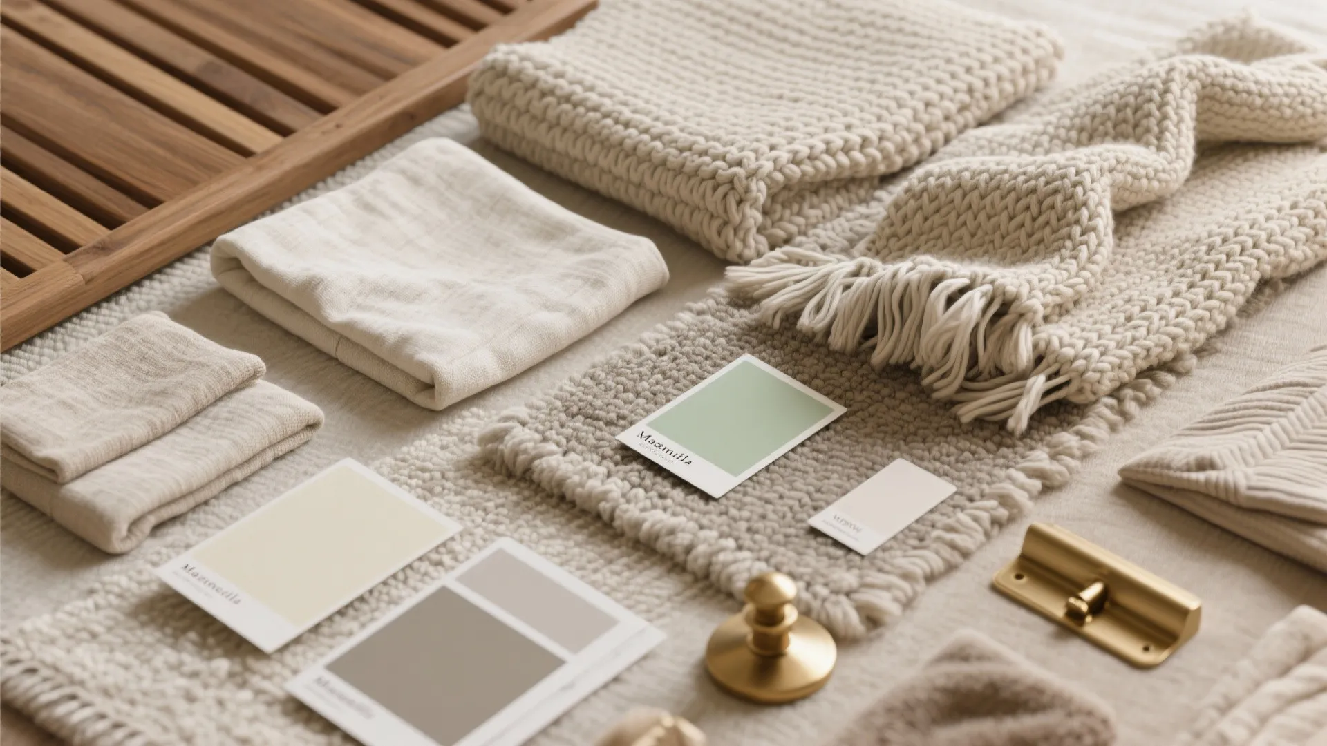 Top-down layout of neutral fabric swatches, rugs, paint chips and wood samples showing layered textures.