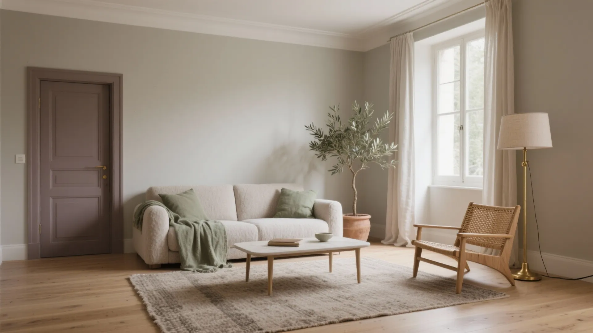 Minimalist living room with beige sofa green pillows wooden coffee table potted plant floor lamp