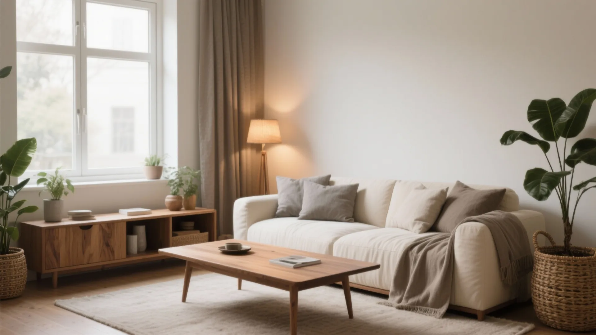 1. Layered neutrals with warm wood accents