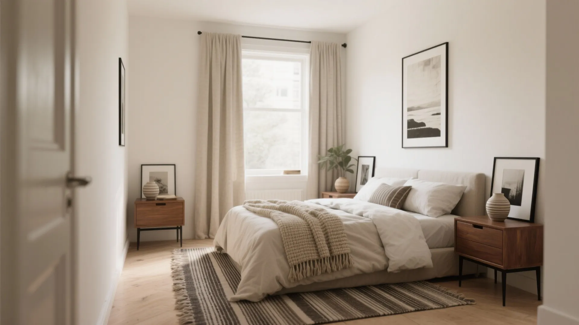 Bright neutral bedroom with beige bed, striped rug, wooden cabinets, window curtains, and wall art