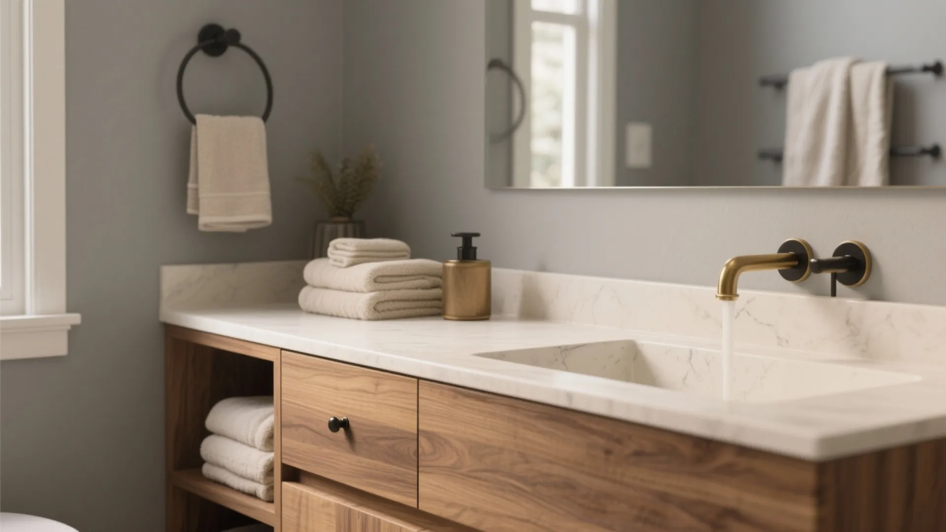 Close up of wooden bathroom cabinet with white marble sink gold faucet and stacked beige towels