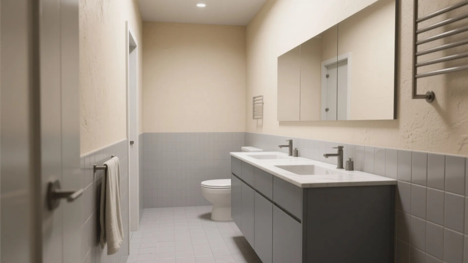 Modern bathroom with double sink cabinet grey tiles white toilet large mirror and neutral walls