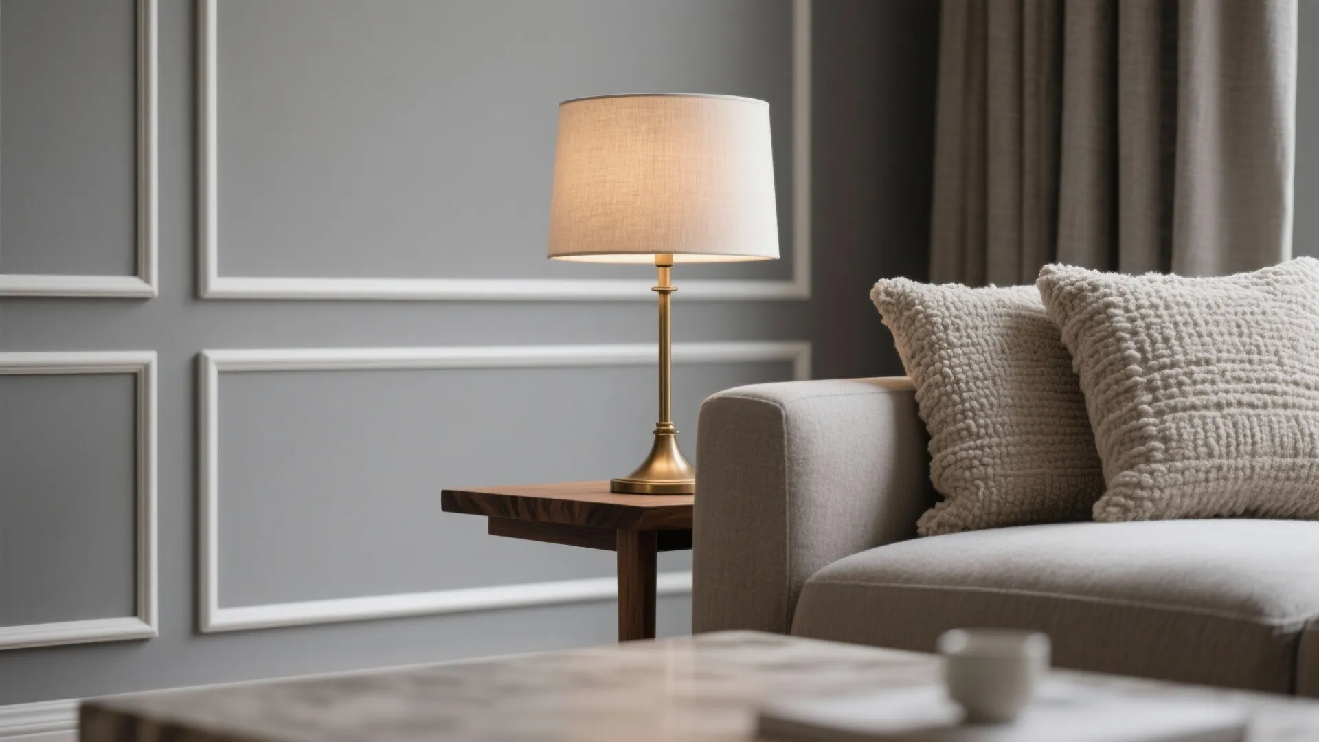 Close up of table light on wood side table next to sofa with textured pillows