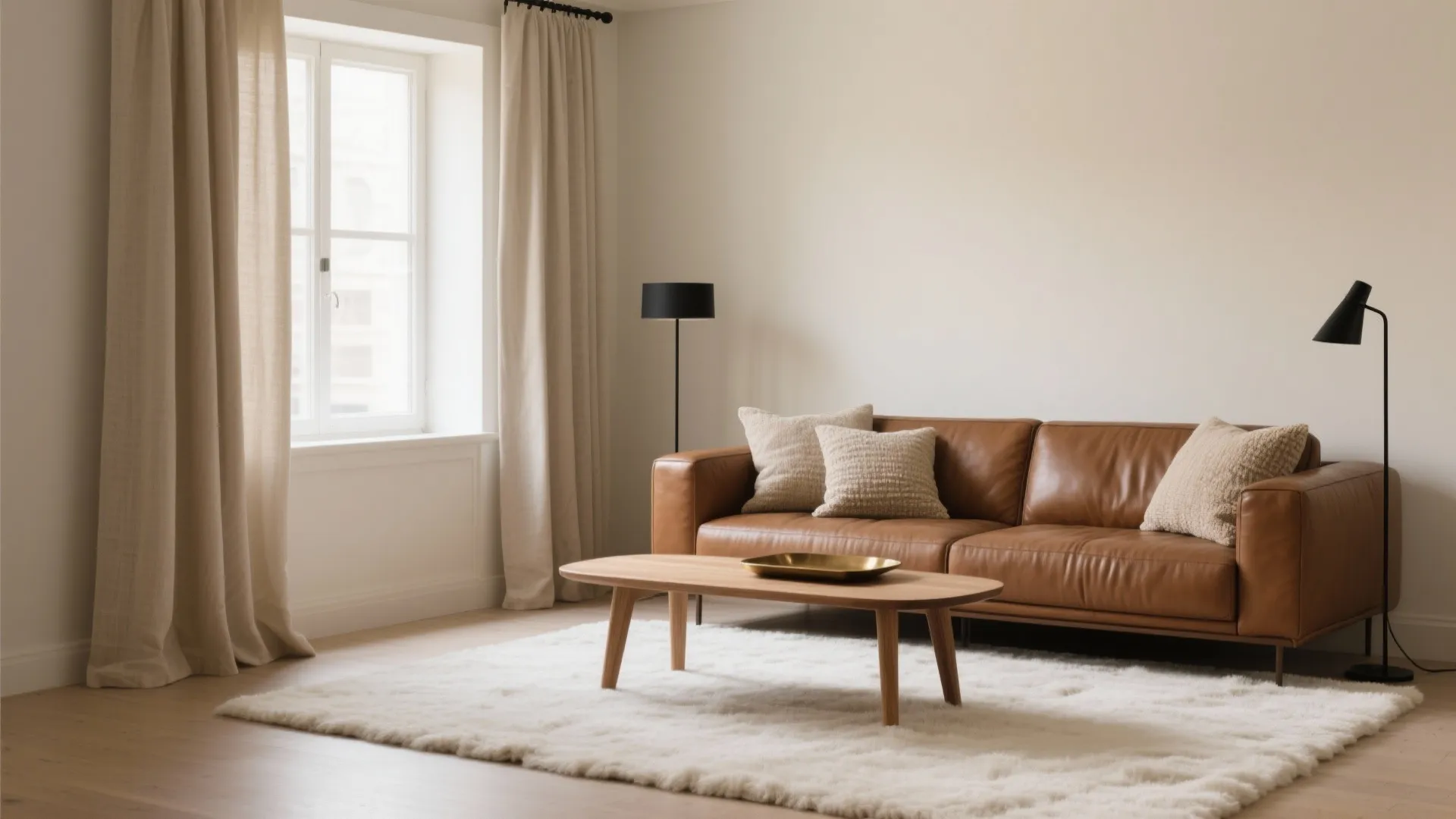 Modern living room with brown leather sofa white rug wooden coffee table and beige curtains