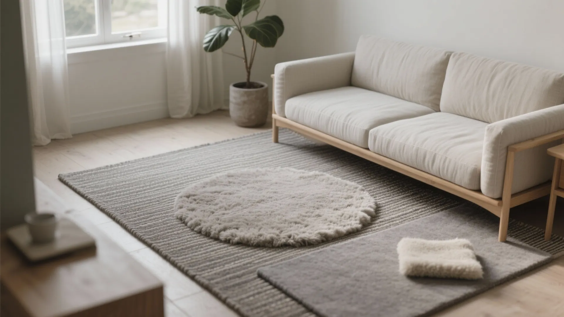 Minimalist living room with white sofa, textured rug, indoor plant, and soft natural window light