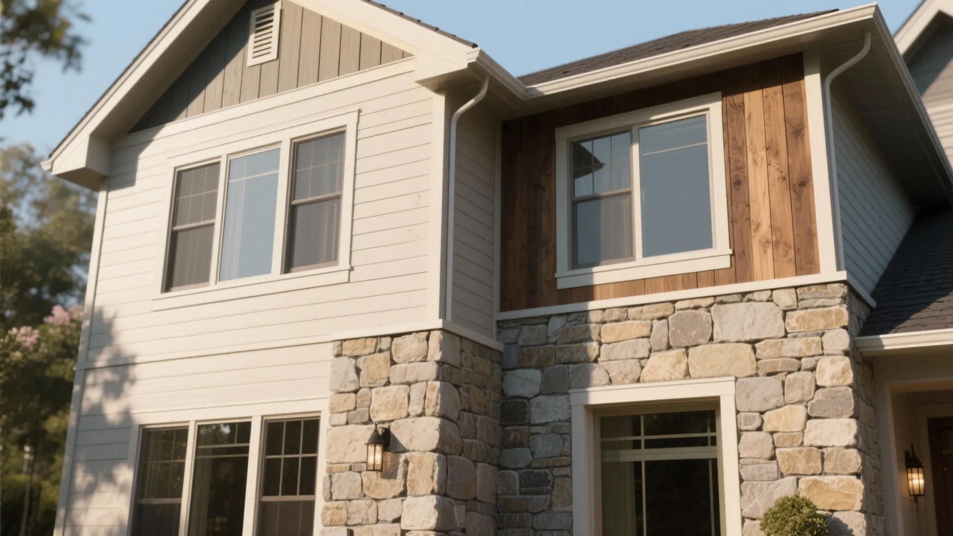 Facade showing magnolia siding bridging stone cladding and stained wood details with textured mortar.