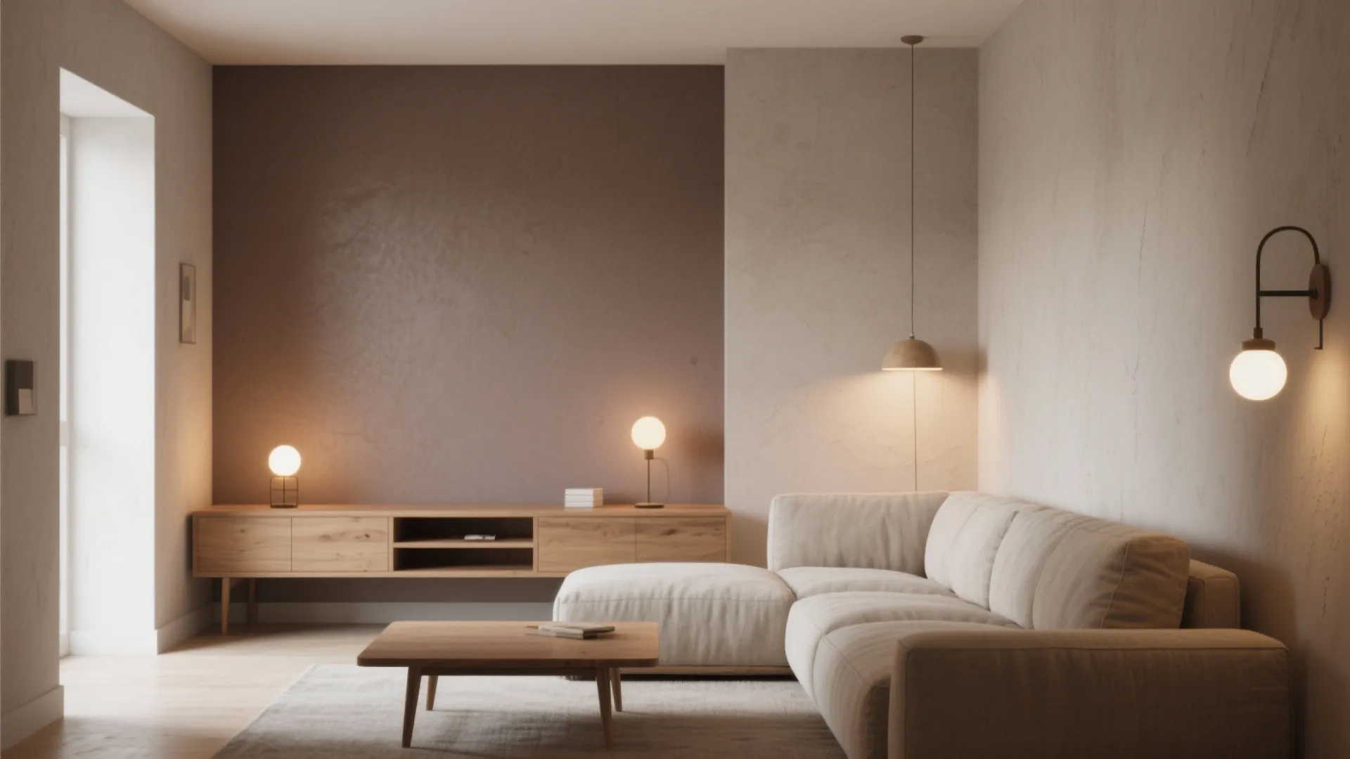 Compact living room with one darker taupe accent wall and lighter surrounding taupe walls creating depth.