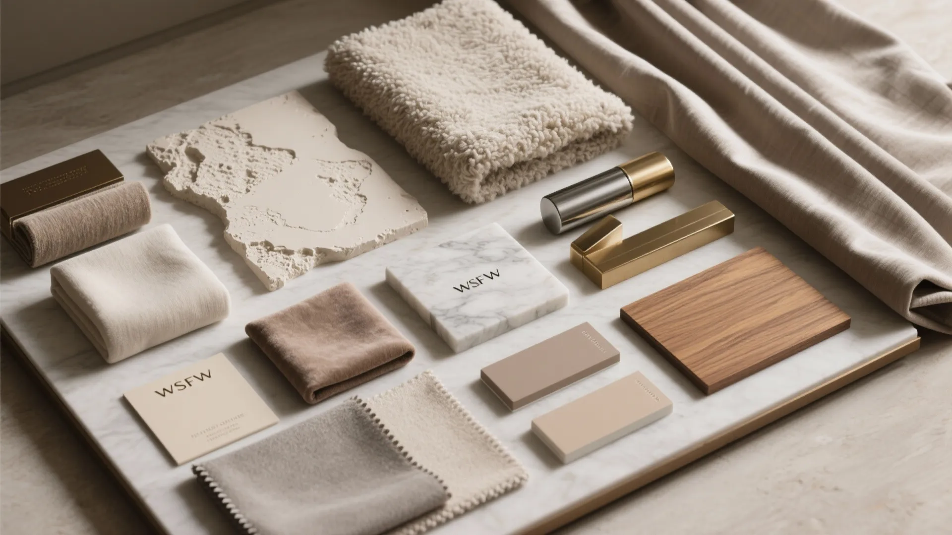 Interior design mood board with fabric swatches, wood sample, marble tile, and metal hardware pieces