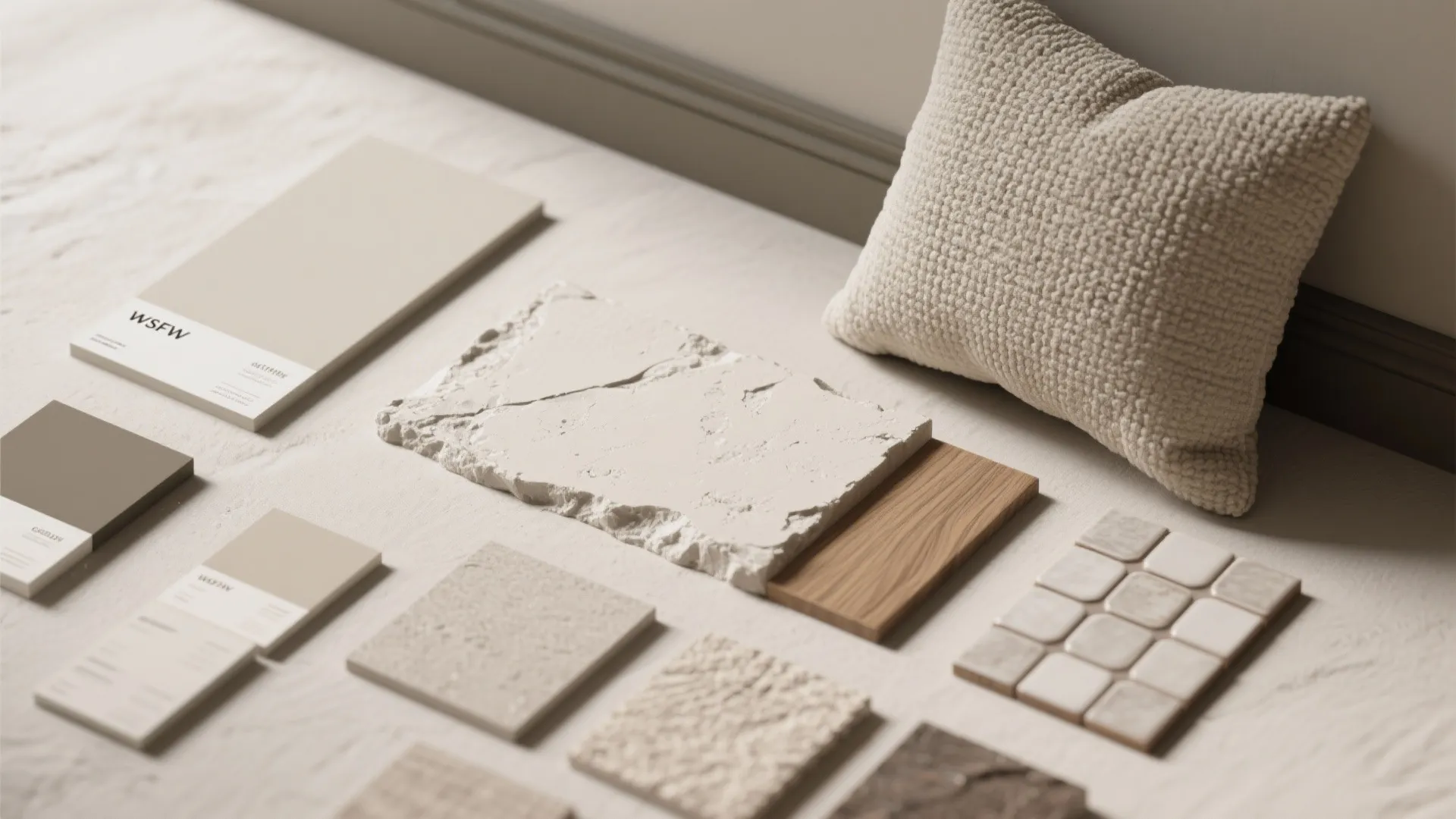 Top-down flatlay of paint swatches and fabric samples illustrating layered neutral textures.