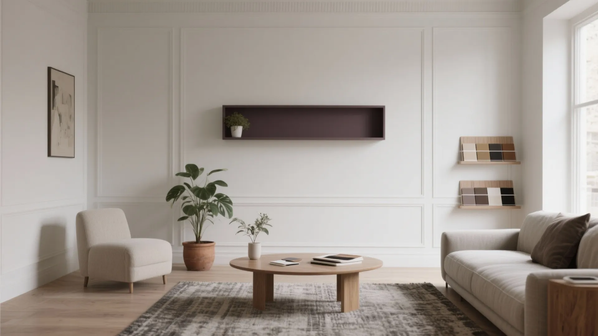 Modern living room with white wall panel sofa wood coffee table rug and green plants