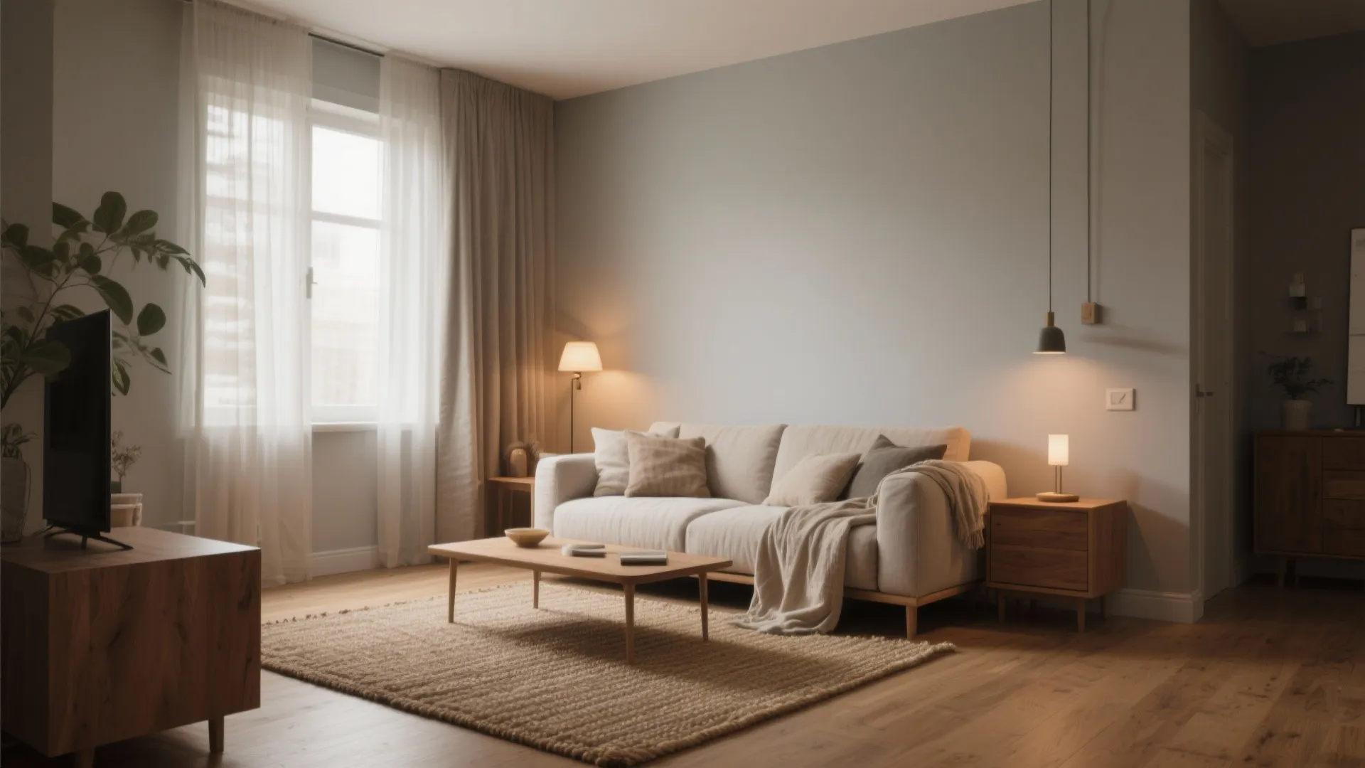 Compact living room with warm light gray walls, oak floor and layered neutral textiles