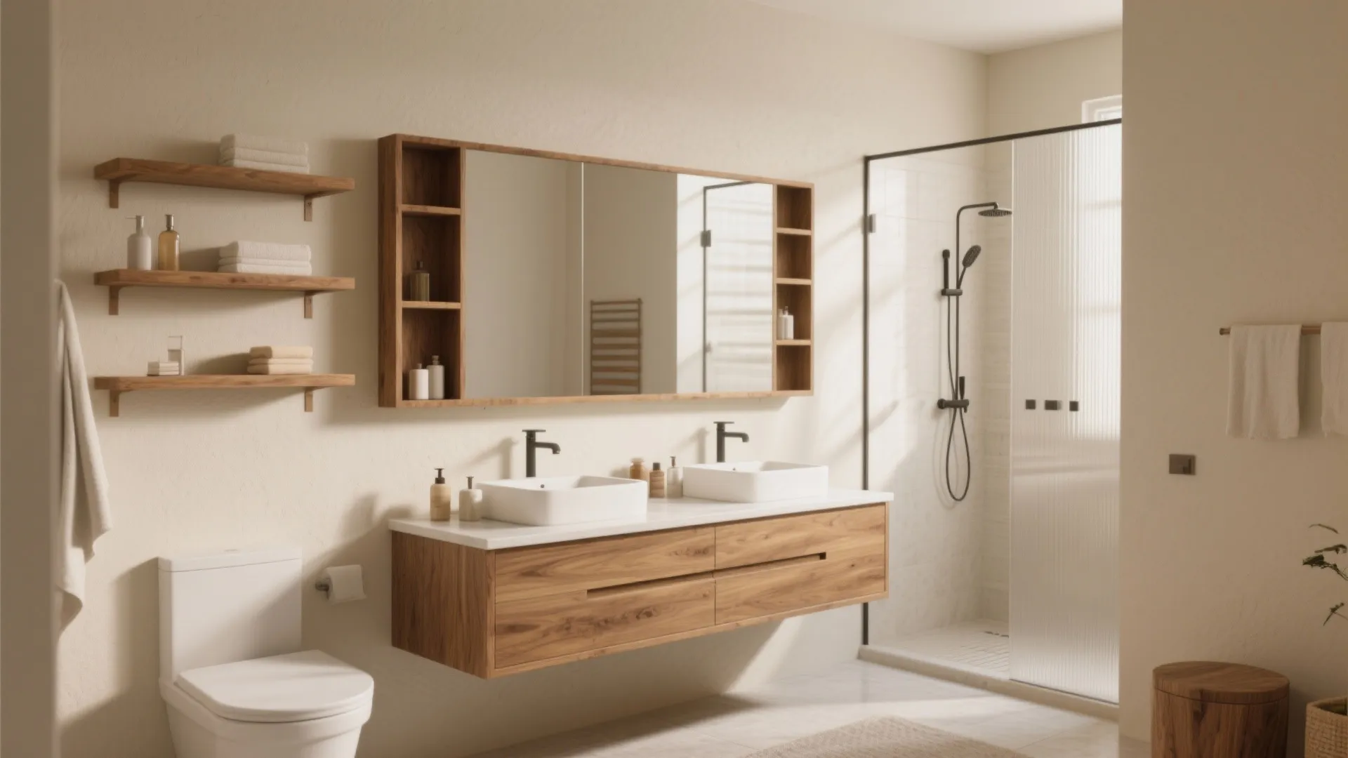 1. Layered Neutrals with Warm Wood