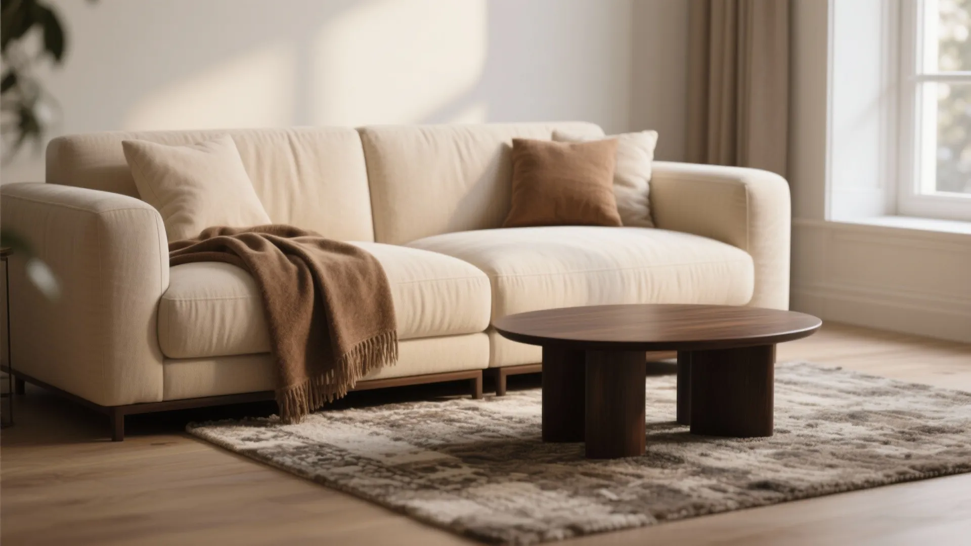 Comfortable beige sofa with brown blanket wooden coffee table and patterned rug in bright room