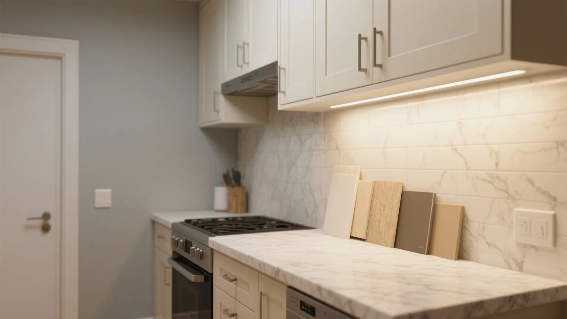 Modern kitchen with white cabinets marble countertop under cabinet lighting and neutral color sample boards
