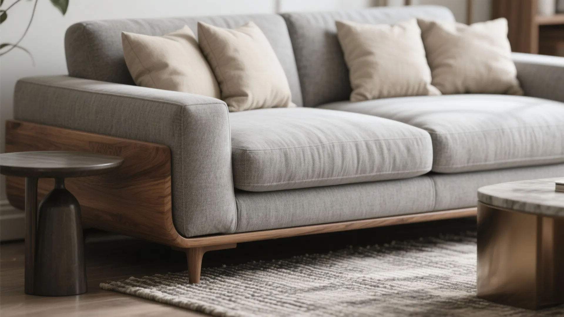 Close up of grey sofa with wooden base beige pillows textured rug and side table