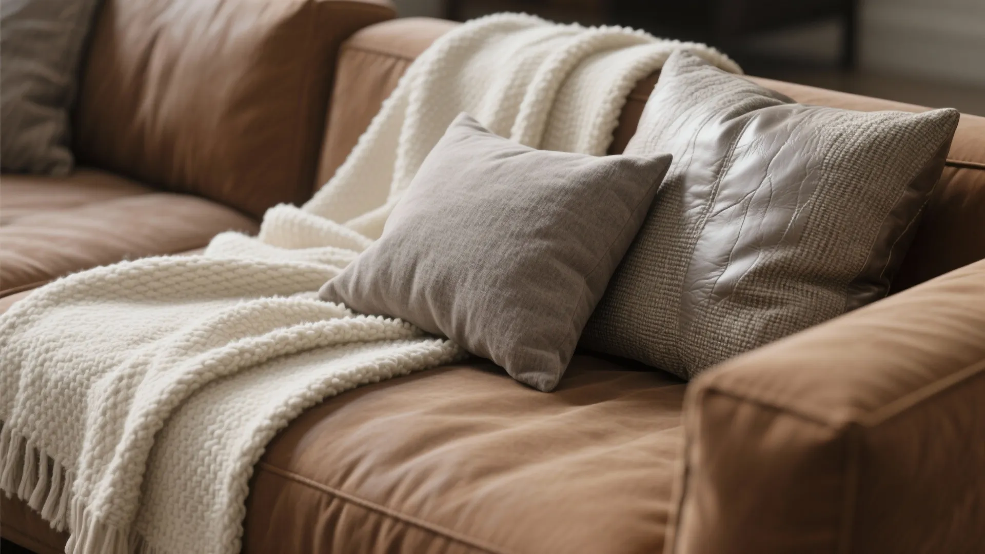 Close-up of cream, taupe and gray textiles layered on a brown sectional showing texture