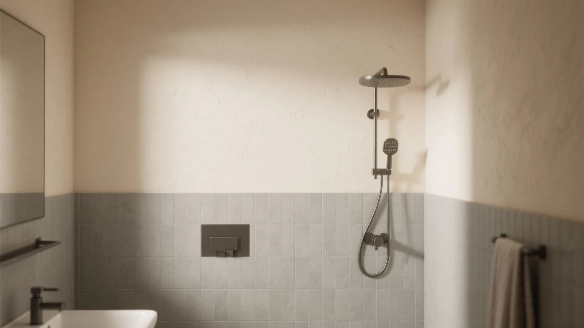 Modern bathroom with grey wall tiles black shower set white sink and a large mirror