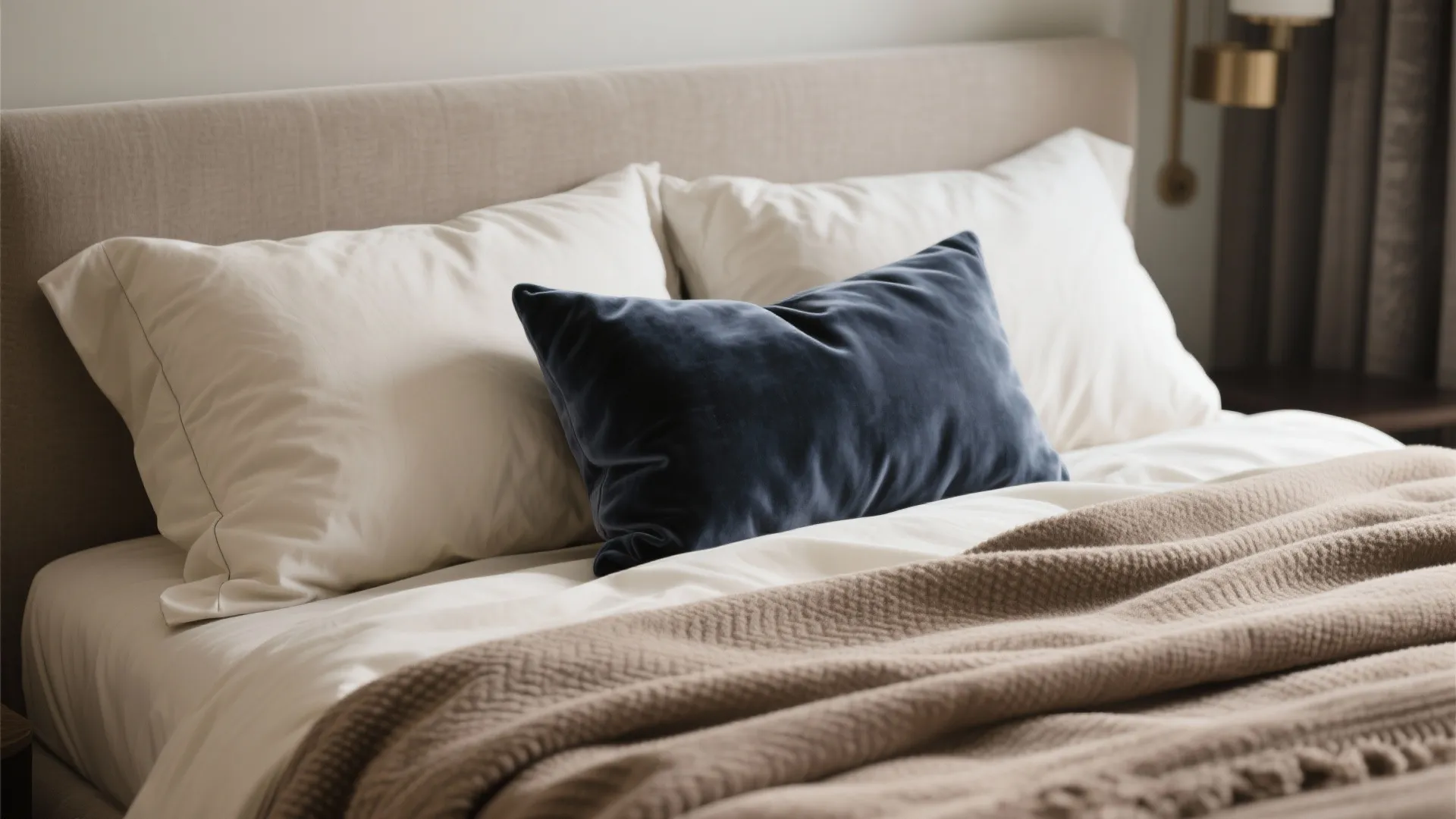 Modern bed setup with soft white pillows a blue velvet cushion and a brown blanket