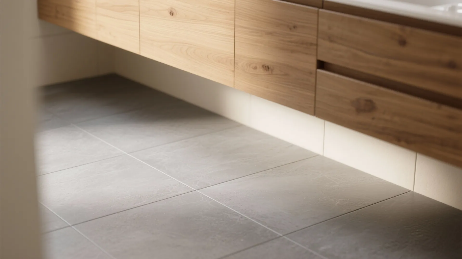 Close up of grey floor tiles and wooden bathroom cabinet with integrated warm white lighting
