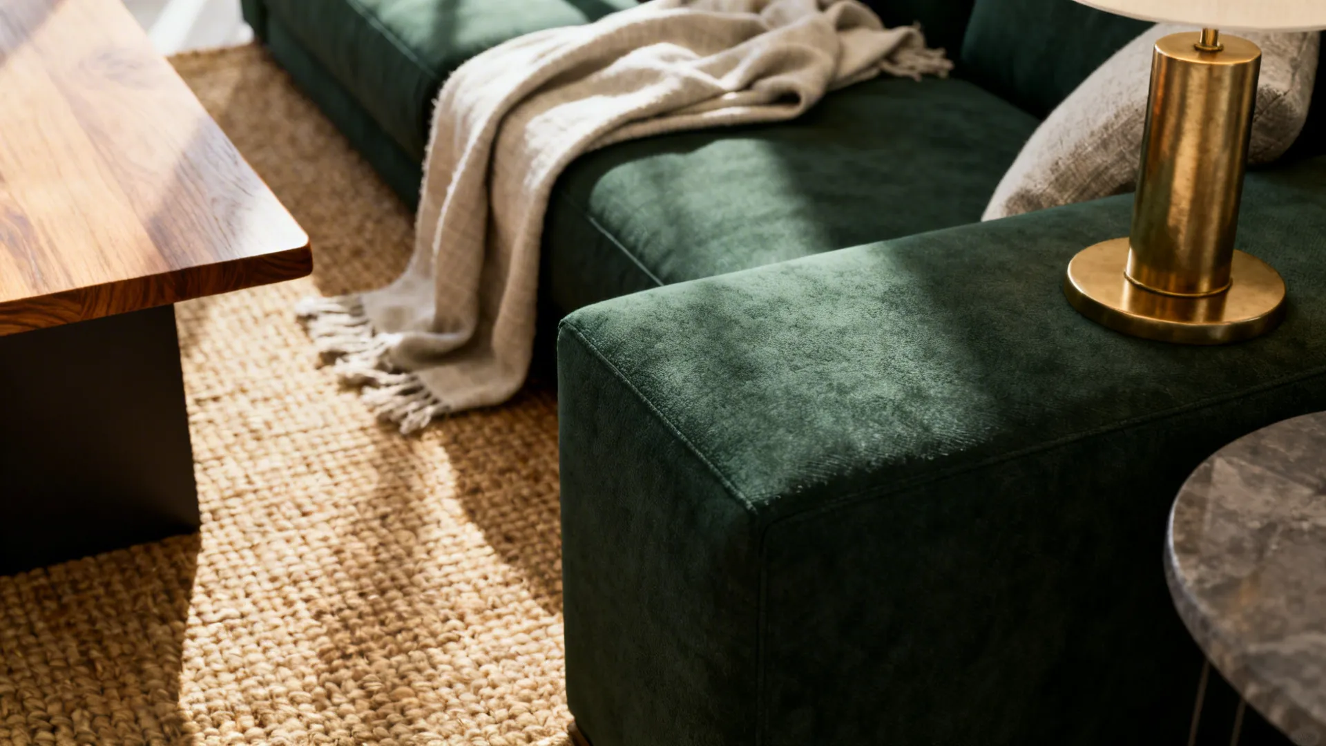 Detail of dark green couch with linen throw, oak table and jute rug textures