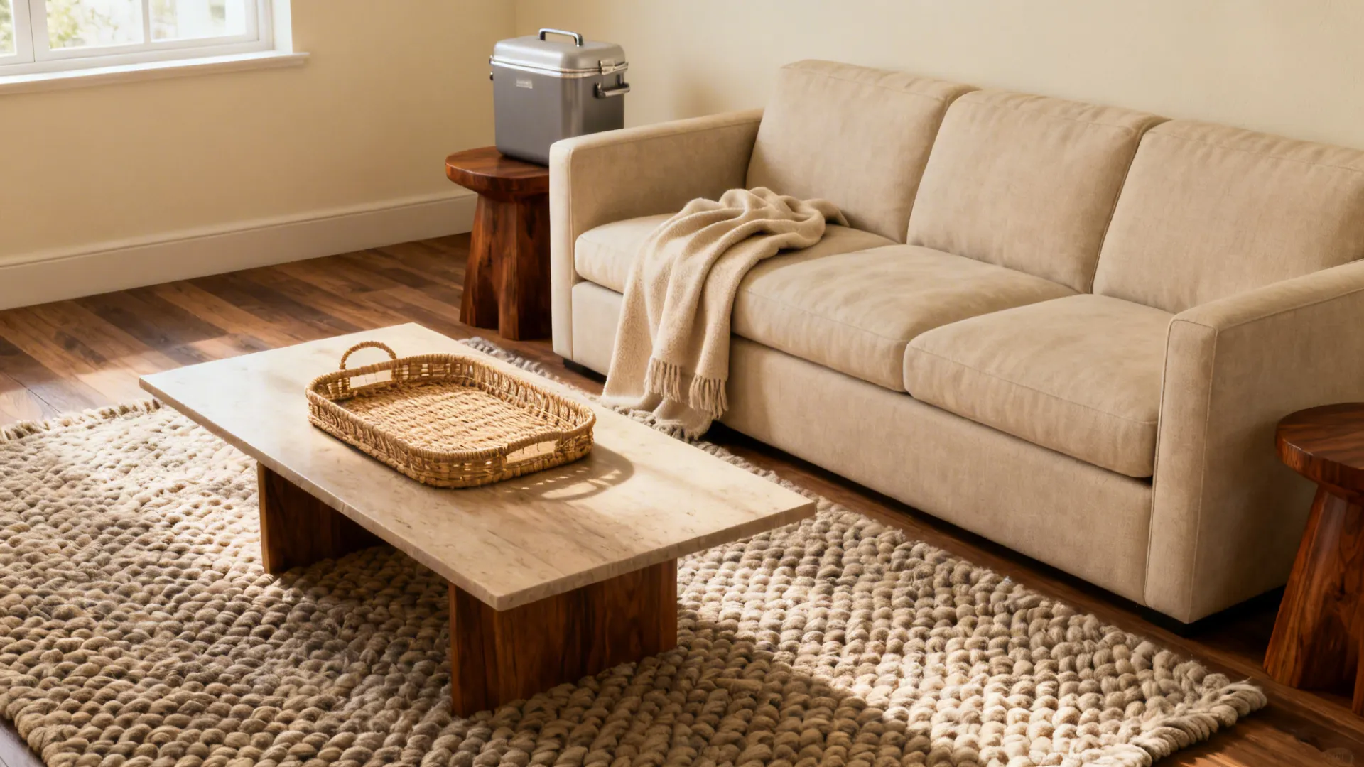 Living area with cream walls, beige sofa, wool rug and warm wood furniture