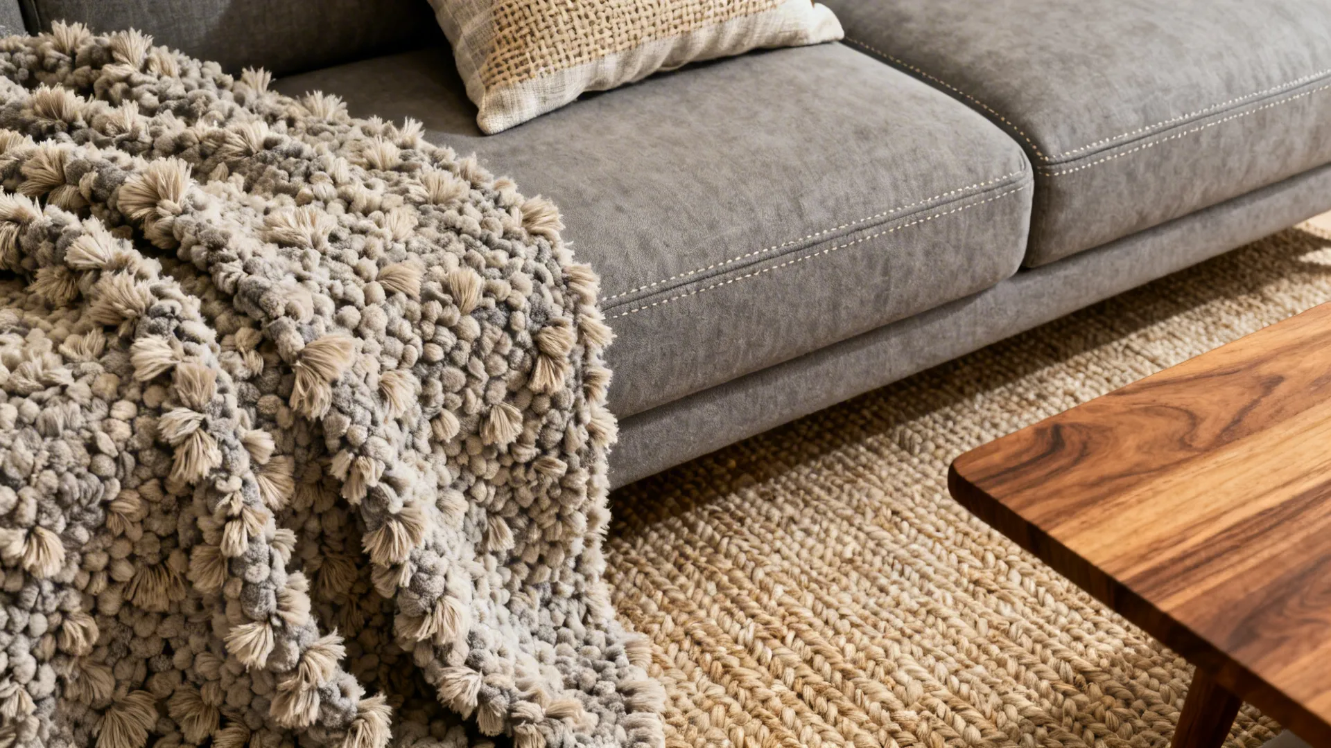 Close-up of boucle throw, linen pillow, and warm oak coffee table beside a gray sofa.