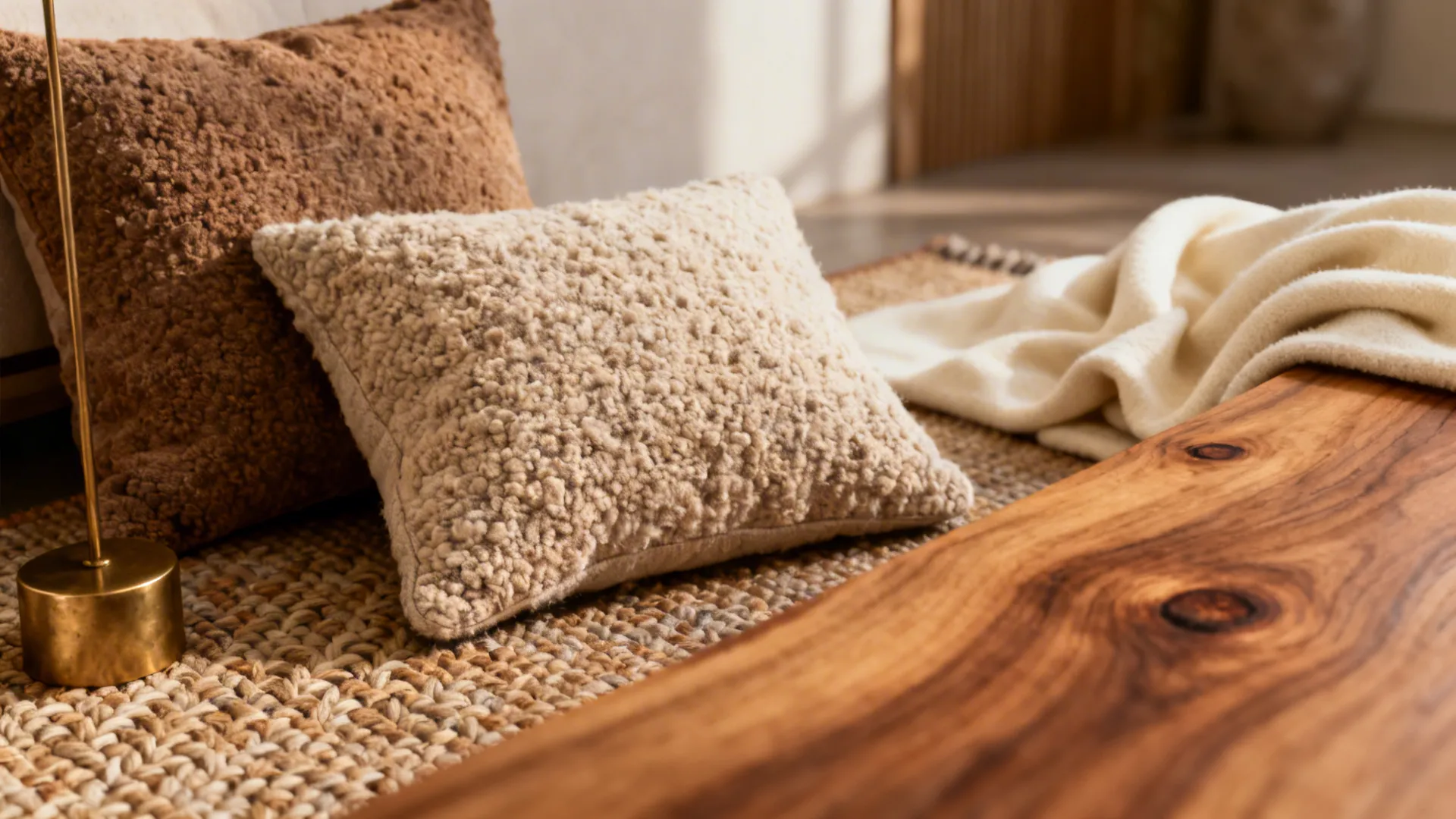 Close-up of boucle pillows, handwoven rug and matte brass accent in a brown living room