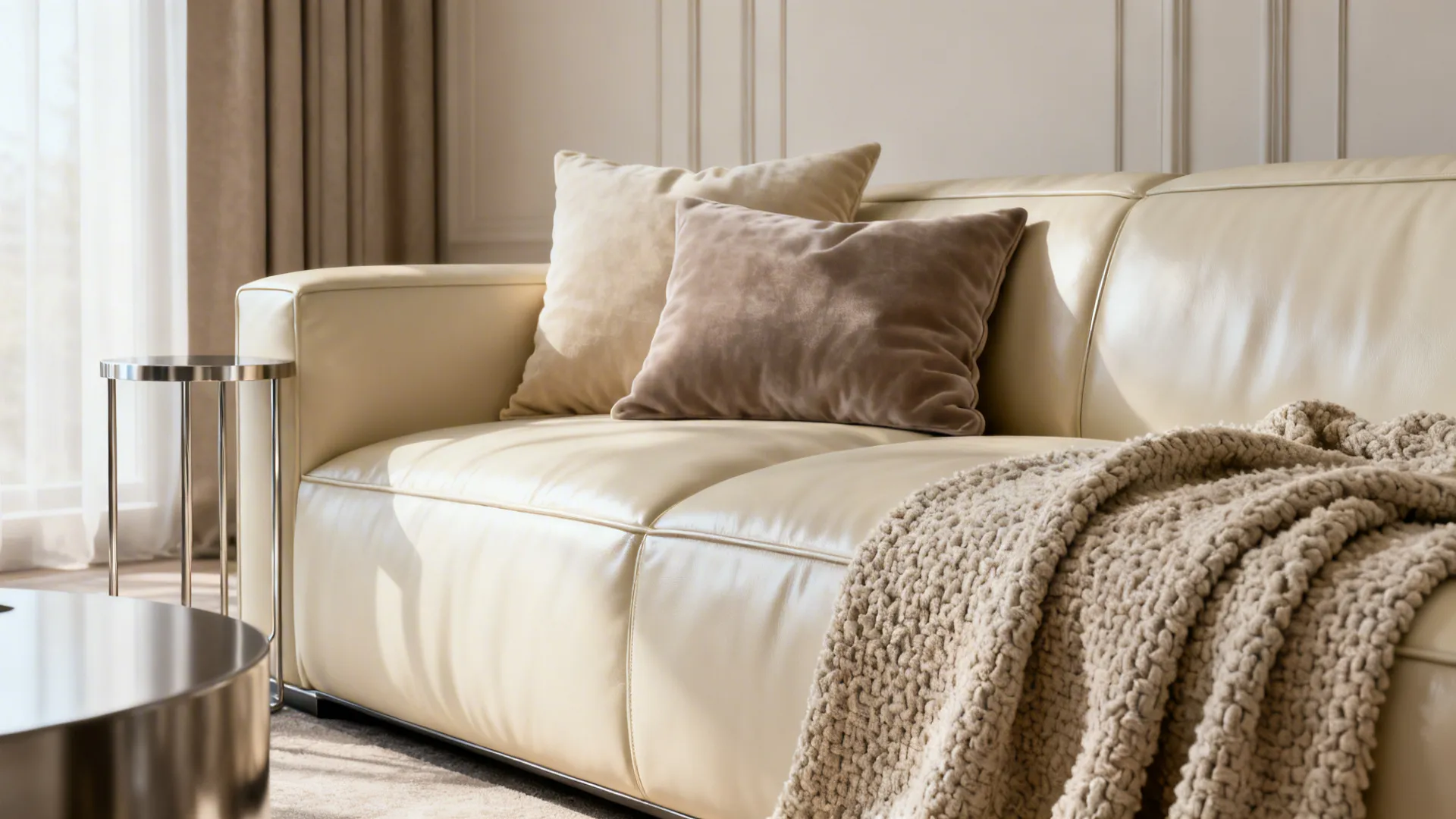 Cream leather sofa with beige pillows knitted blanket and side table against white wall panel