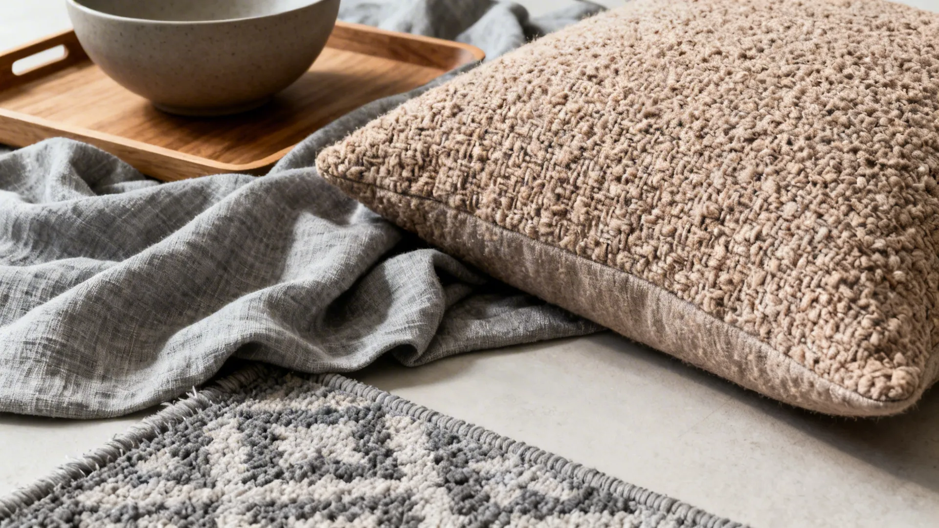 Close-up of taupe boucle cushion, grey linen throw, and textured rug showing layered neutrals.