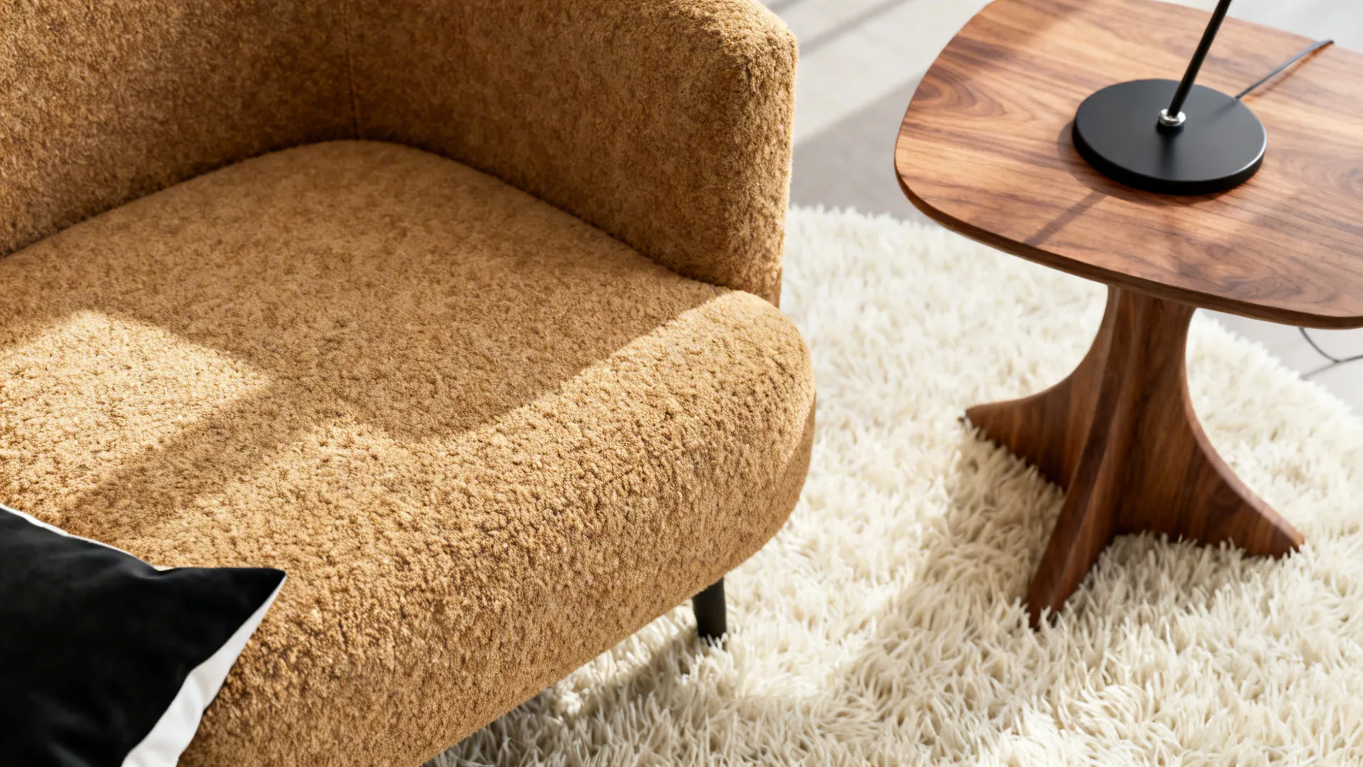 Brown textured chair on white rug next to wooden side table with a black lamp