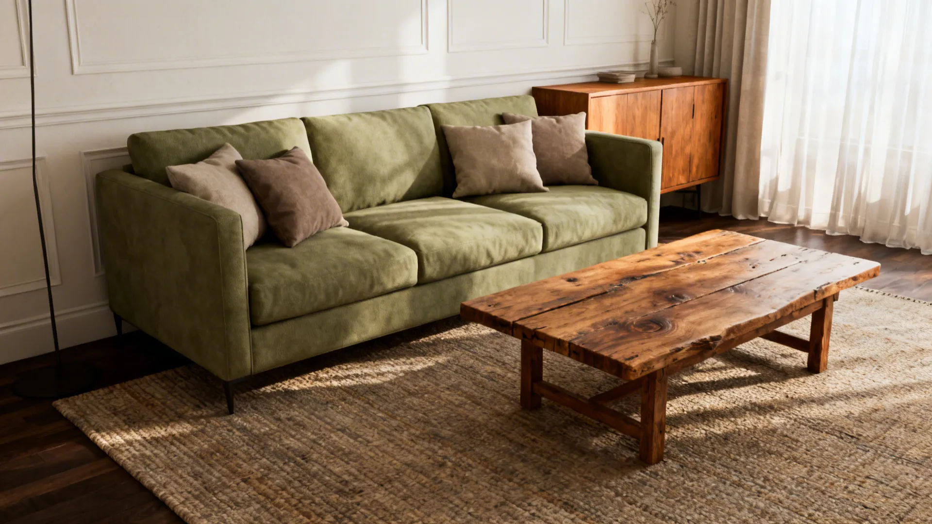Sage sofa with warm oak furniture and layered neutral textiles in a calm living room.