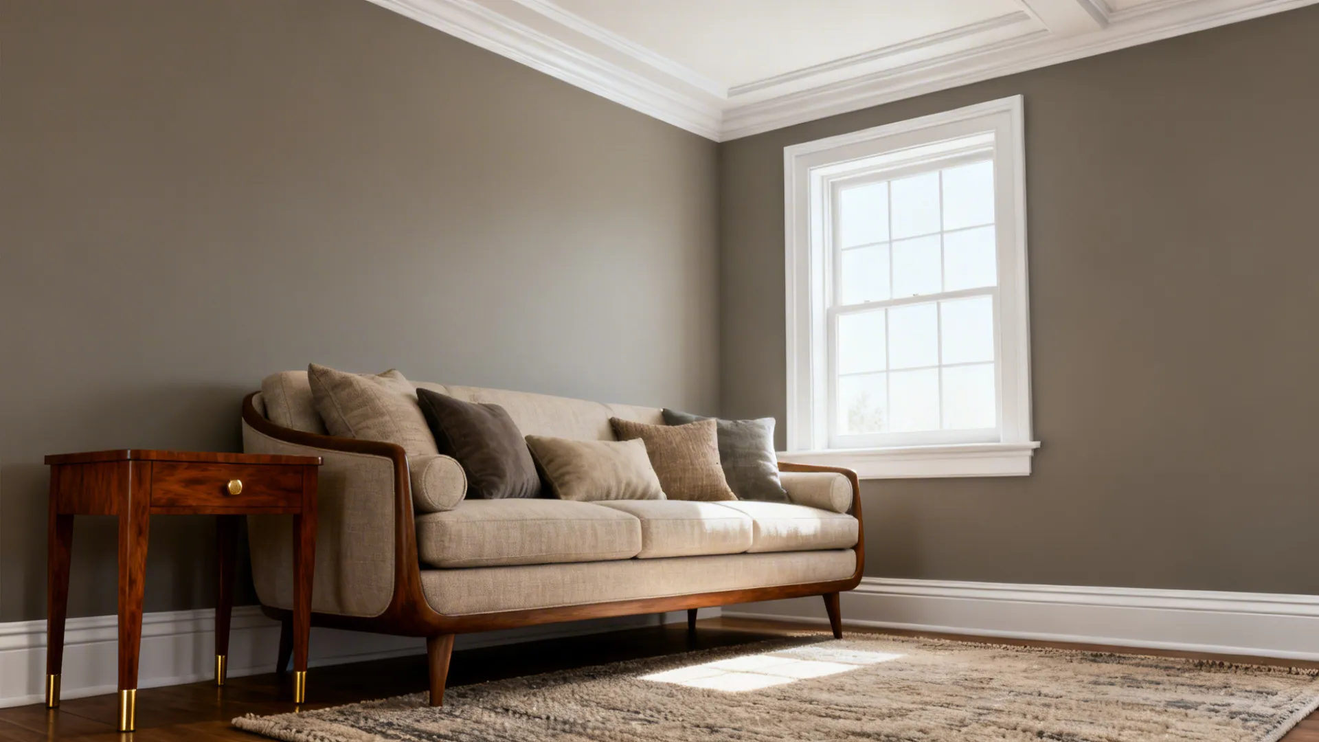 Corner of living room showing warm grey walls and crisp white trim with sofa and wooden side table.