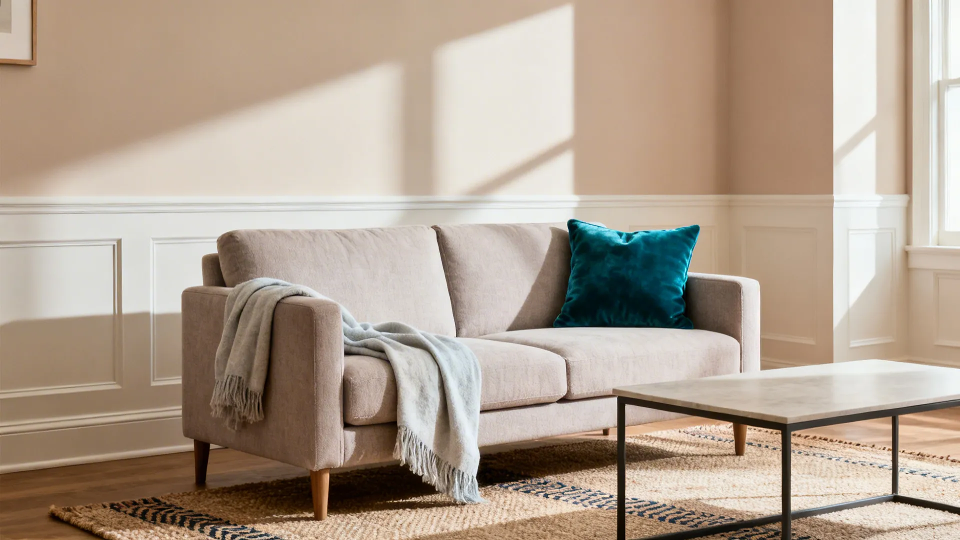 Light neutral living room with an oat-and-mushroom palette and one petrol-blue velvet accent cushion.