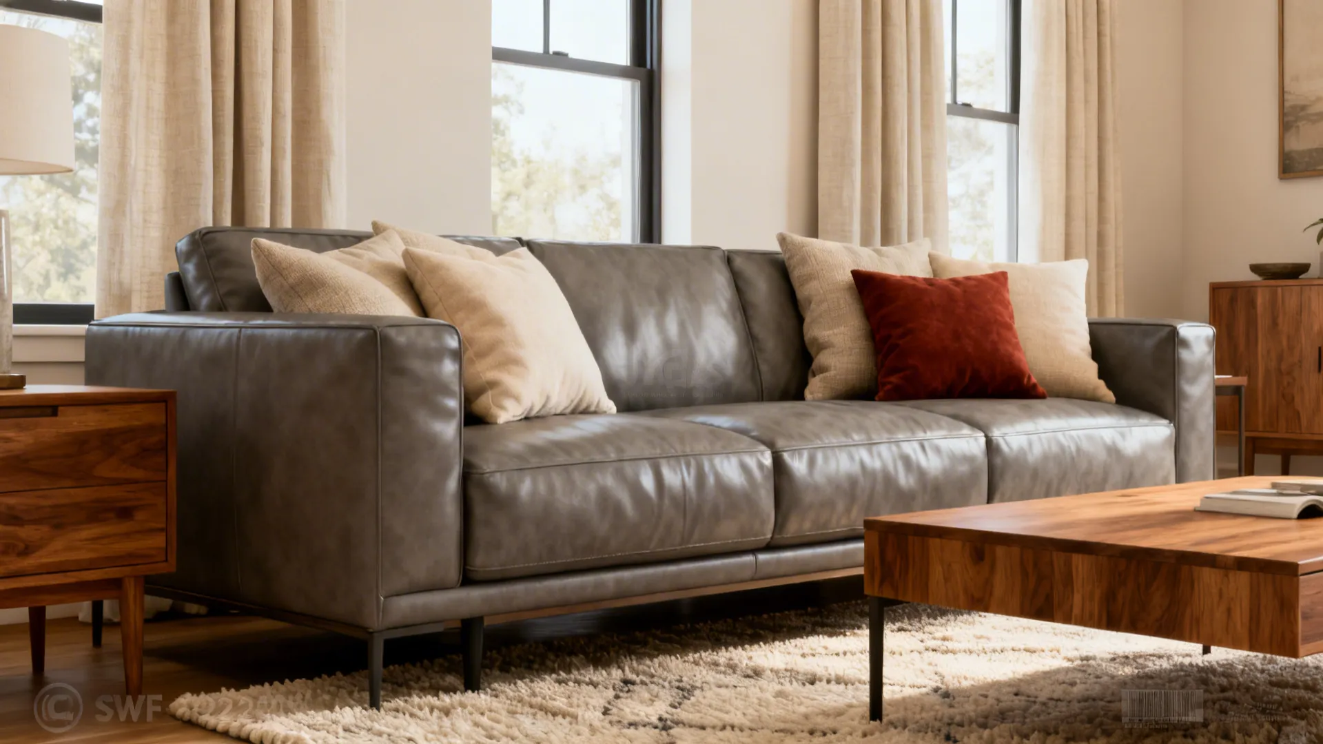 Grey leather sofa with warm oak table, cream cushions and a rust throw pillow.