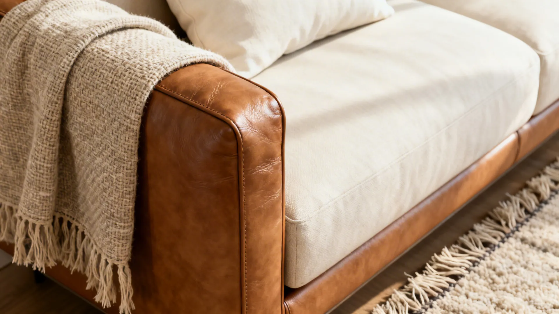 Close-up of tan leather sofa with linen throw and ivory cushion showing textures