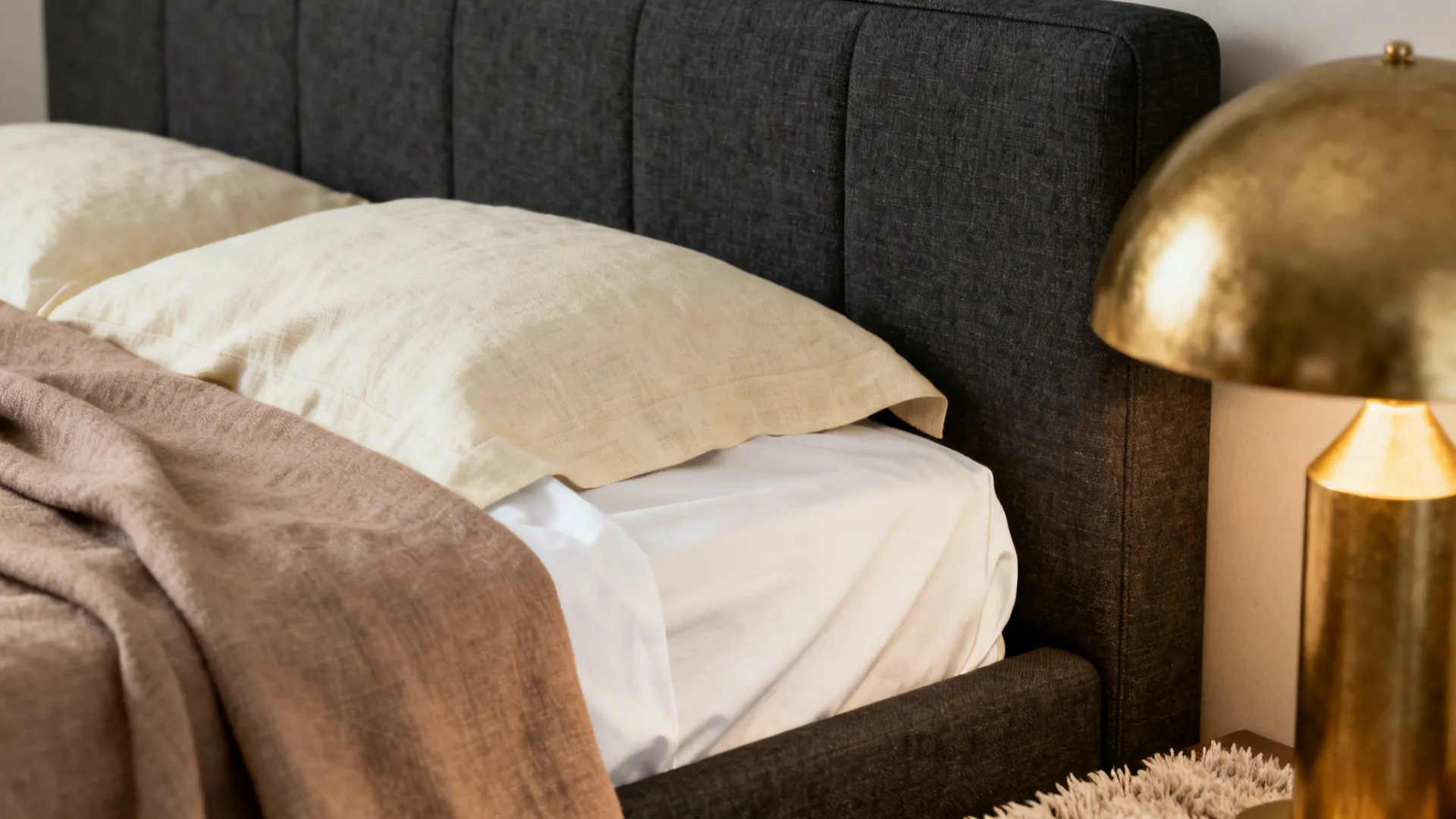 Close-up of charcoal headboard with cream linen bedding, taupe throw and brass lamp.