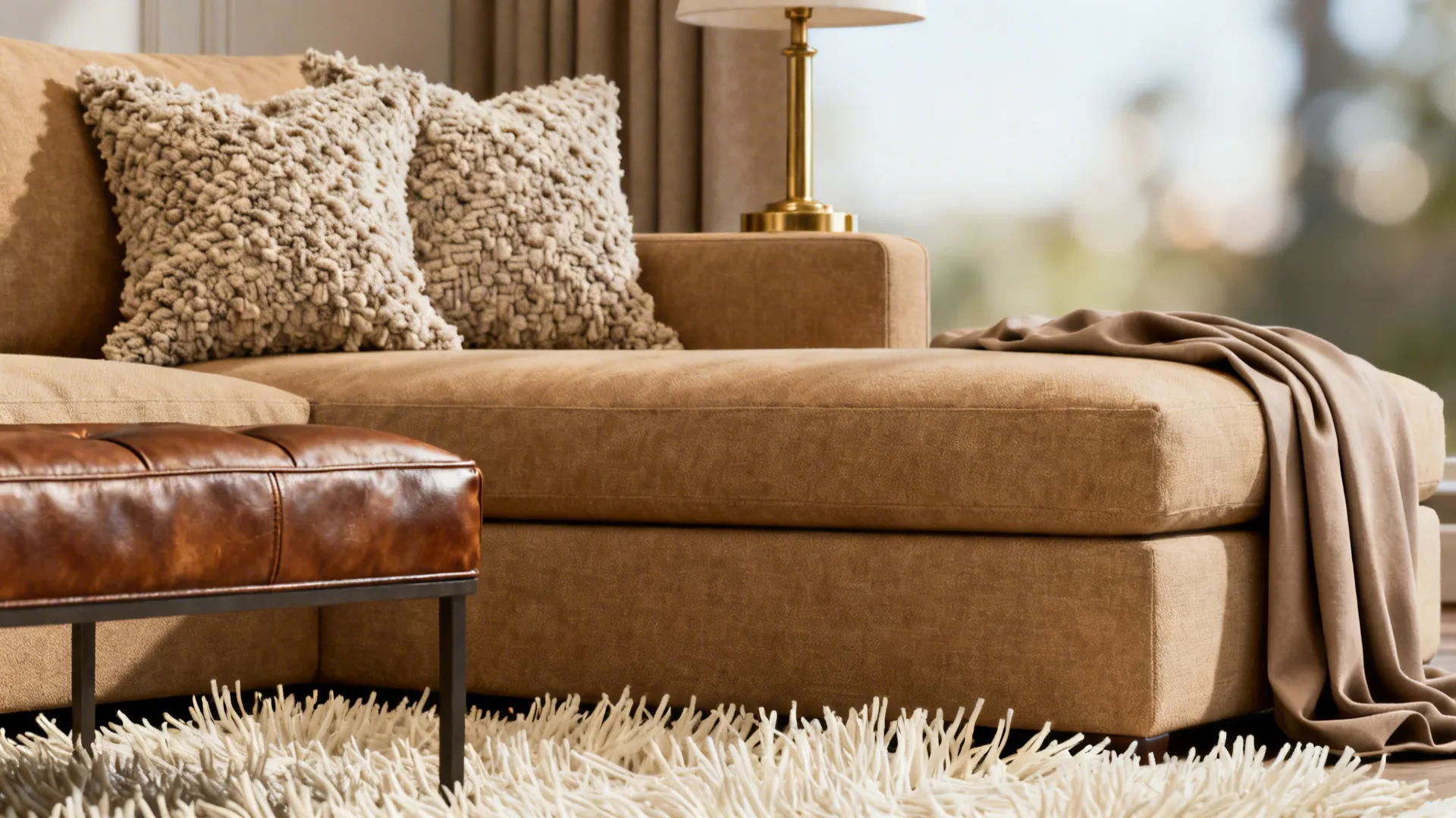 Close-up of boucle pillows, leather ottoman and brass lamp beside a tan sofa showing layered neutral textures.