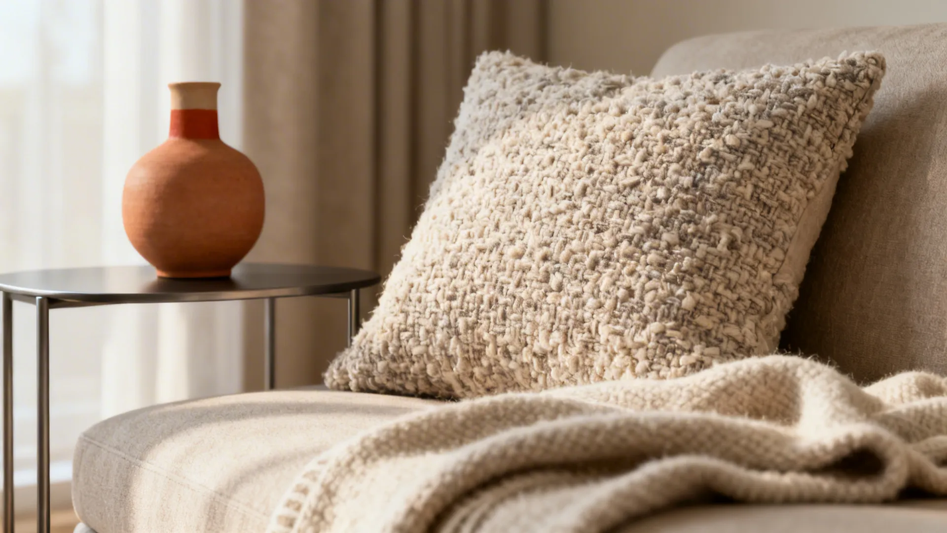 Close-up of boucle cushion, wool throw and matte metal table with terracotta accent vase