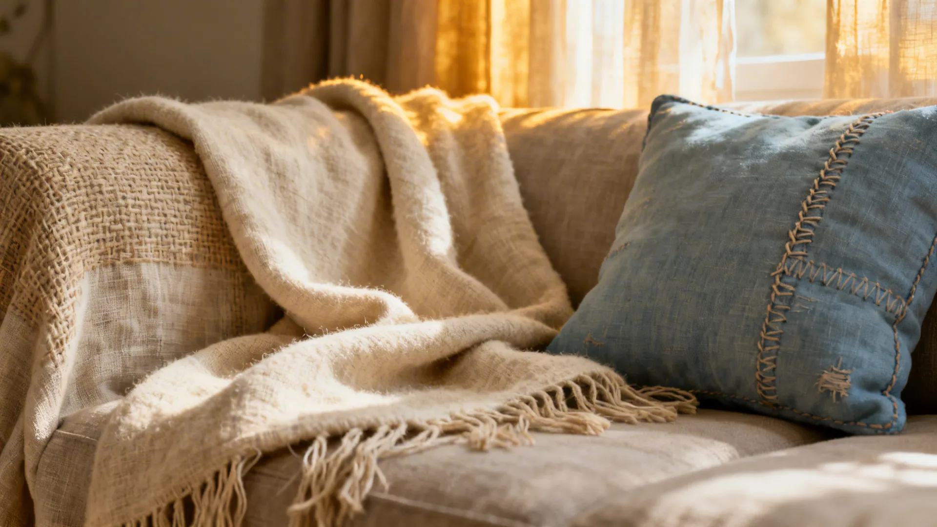Layered neutral sofa textiles with a muted blue accent cushion and visible fabric texture.